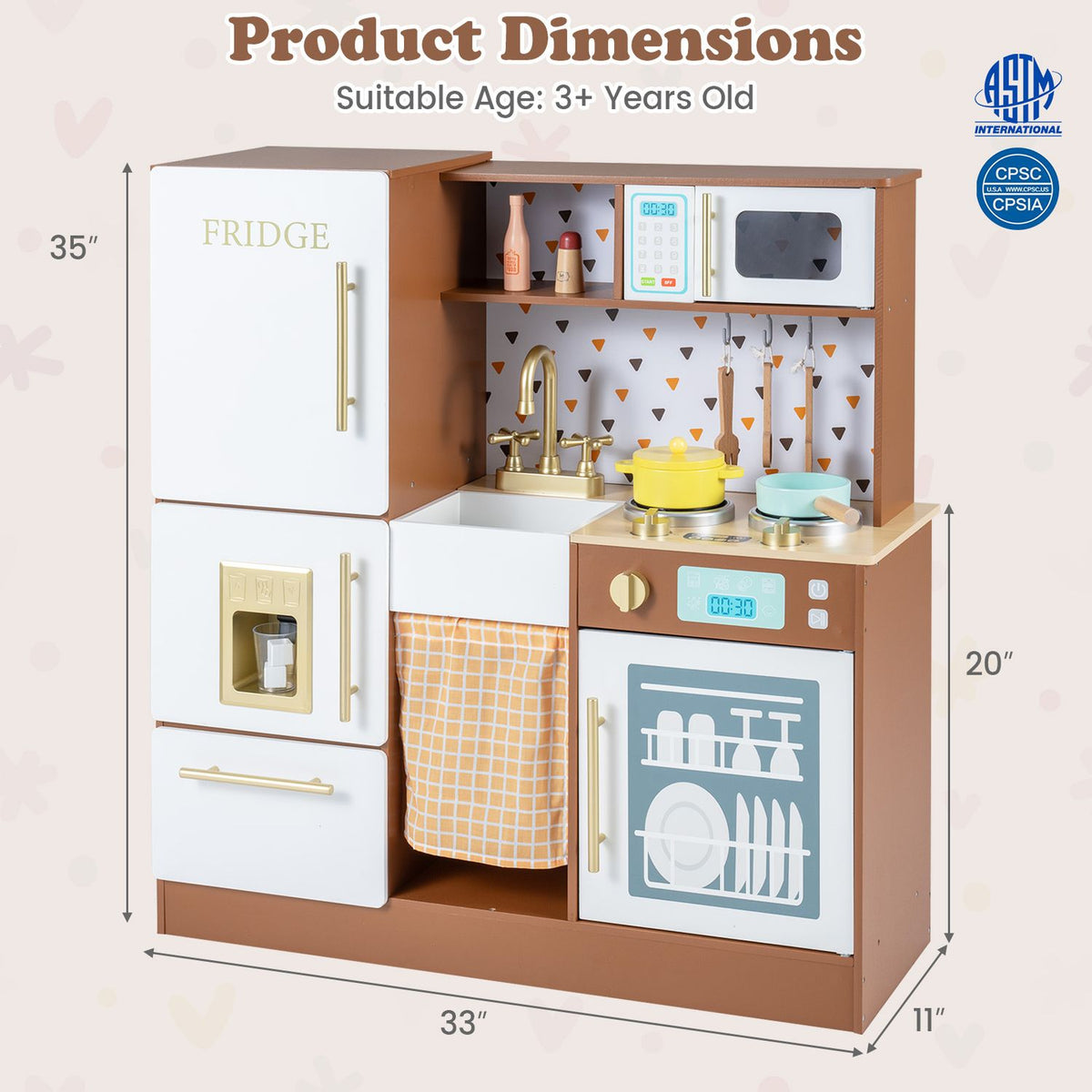 Front view of a children’s play kitchen with refrigerator, sink, stovetop, and dishwasher, shown with measurement arrows.