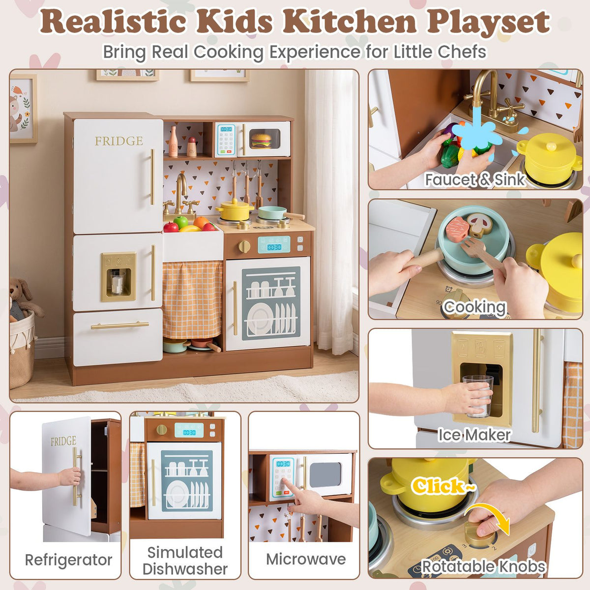 Play kitchen overview alongside close-ups of the sink, cooking accessories, ice maker, doors, and turning knobs.