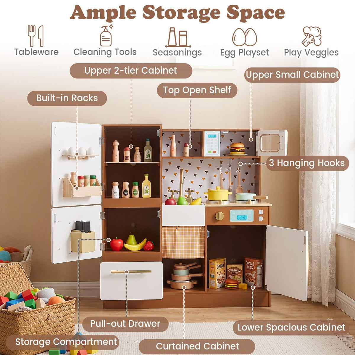 Play kitchen with cabinet doors open, showing shelves, hooks, racks, drawers, and toy food inside.