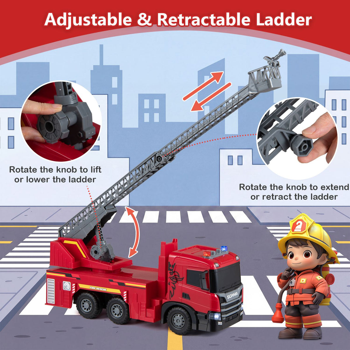 Kids Large Fire Truck Toy with Extendable Ladder Licensed Scania, Red