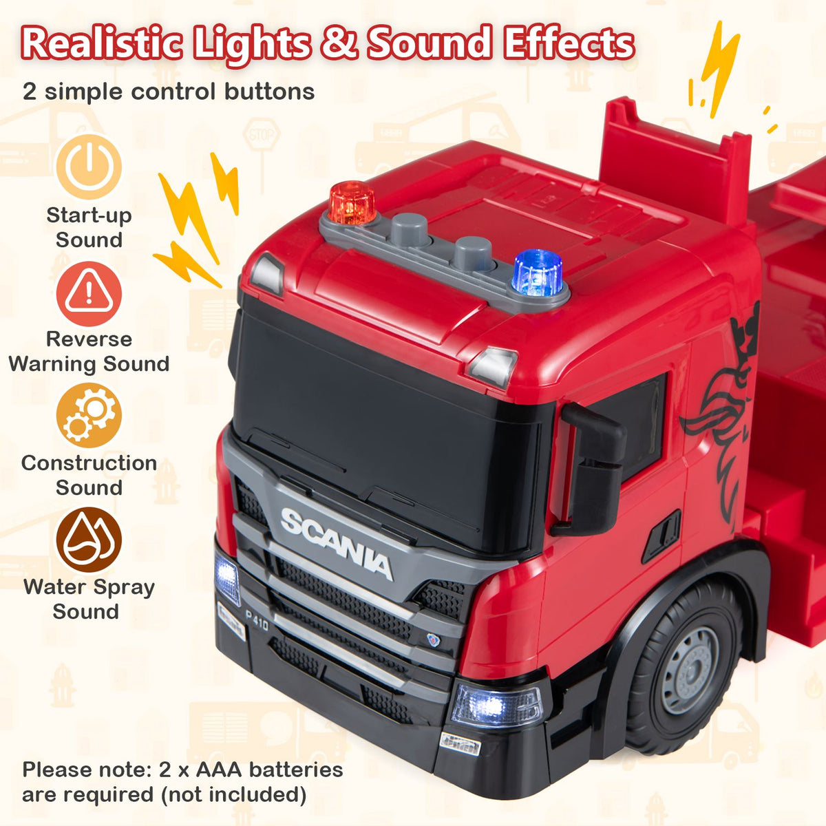 Kids Large Fire Truck Toy with Extendable Ladder Licensed Scania, Red