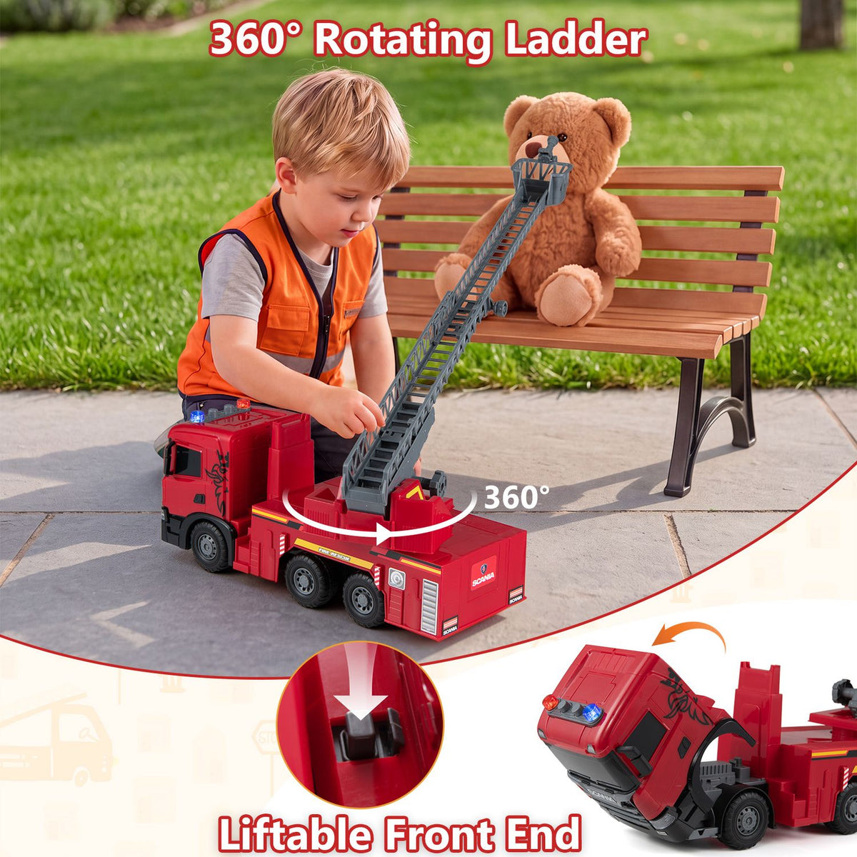Kids Large Fire Truck Toy with Extendable Ladder Licensed Scania, Red