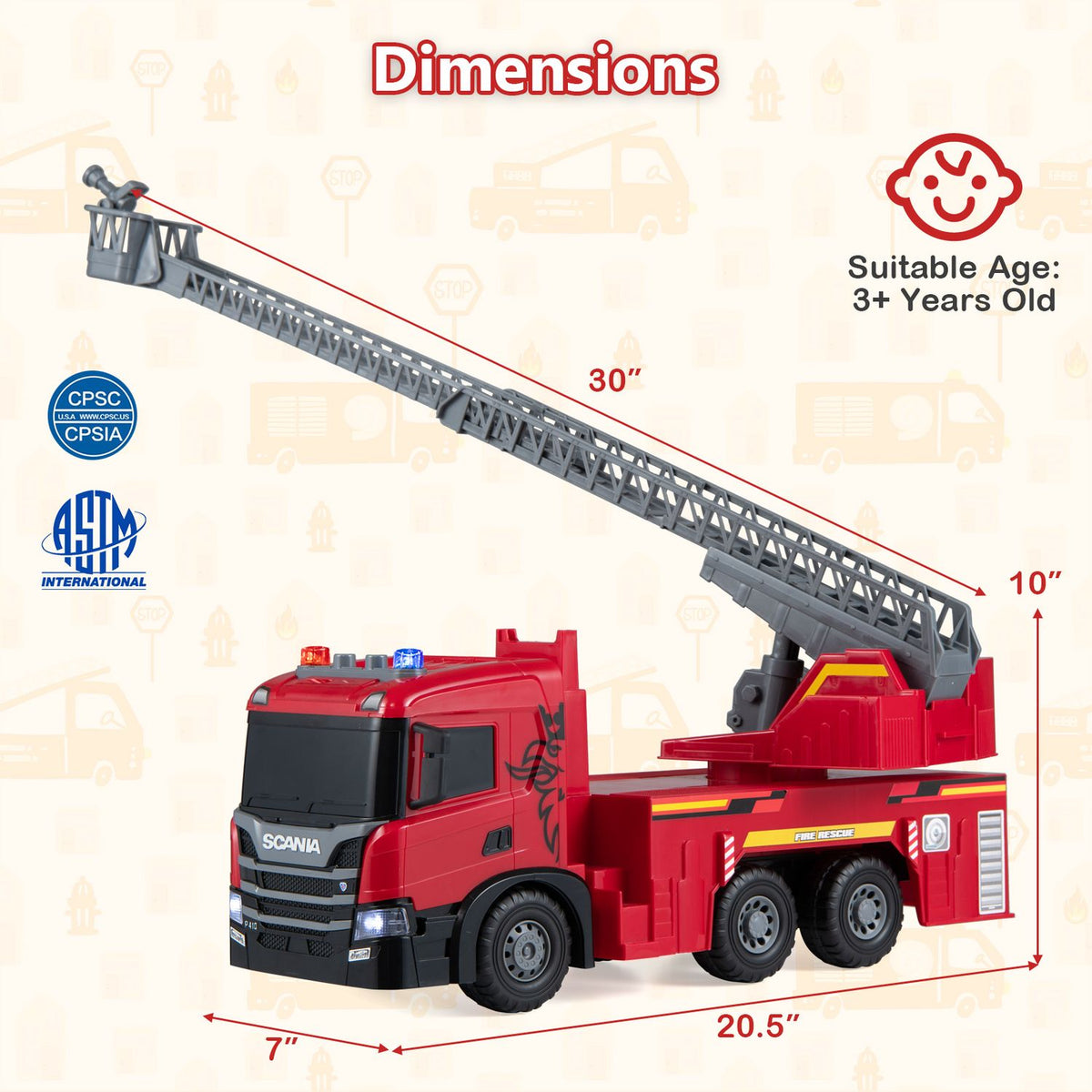 Kids Large Fire Truck Toy with Extendable Ladder Licensed Scania, Red