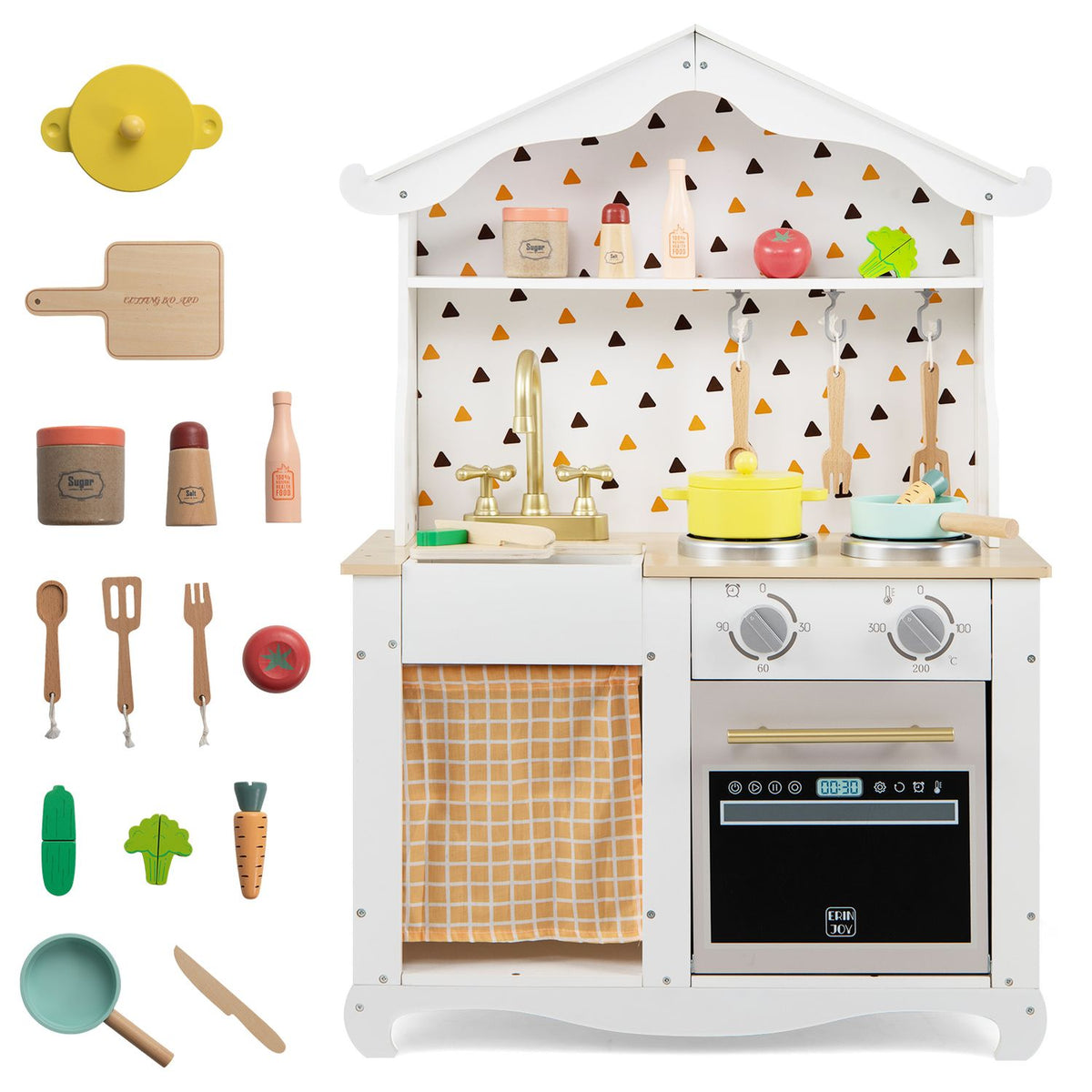 White play kitchen shown with toy food, utensils, cookware, and accessories arranged alongside it.