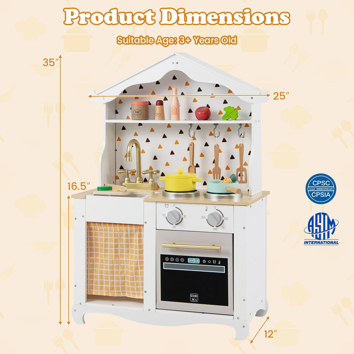 White play kitchen shown from the front with measurement arrows around its shelves, counter, oven and base.