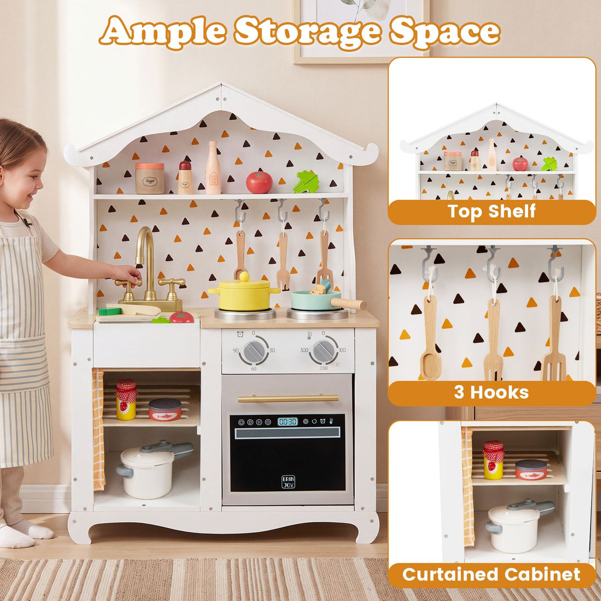 A child reaches toward the play kitchen beside close-ups of its upper shelf, hanging hooks and curtained cabinet.