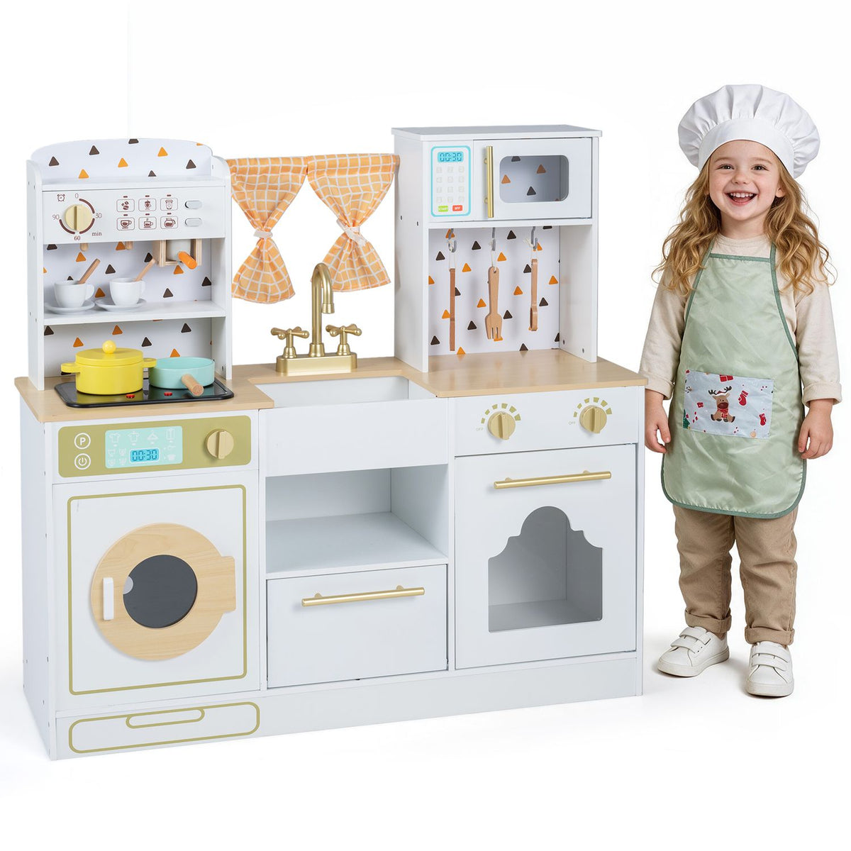 Toy kitchen shown beside a child, with open shelves, sink, oven, and orange patterned curtains.