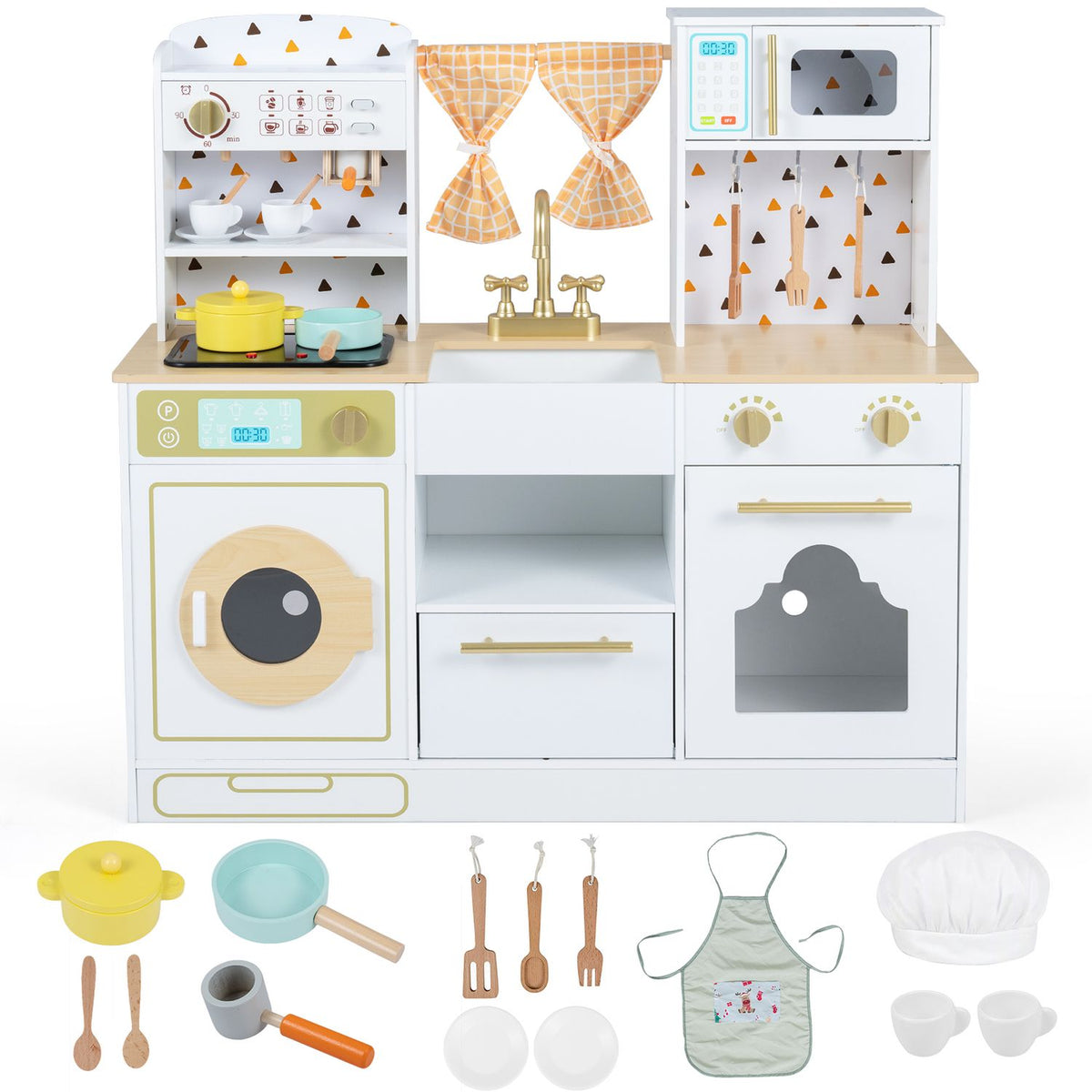 Toy kitchen displayed with toy pots, utensils, cups, an apron, and a chef hat.