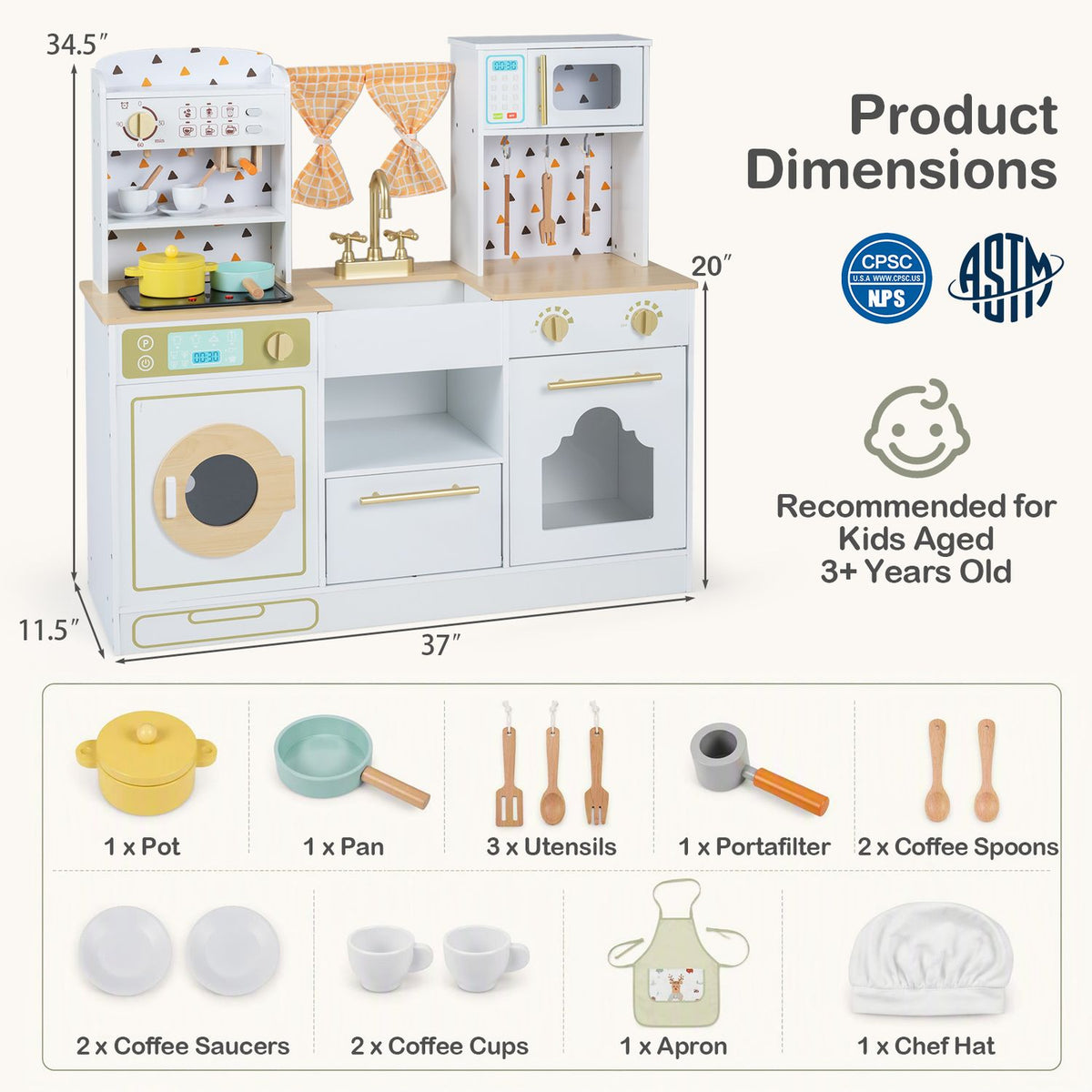 White-and-green play kitchen with measurement arrows above a grid of toy cookware and coffee accessories.