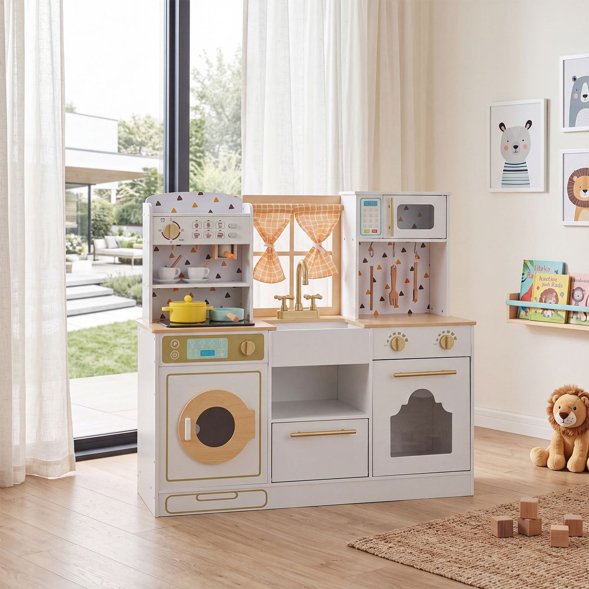 Play kitchen with orange-check curtains staged beside a bright window, with toys and a teddy bear nearby.