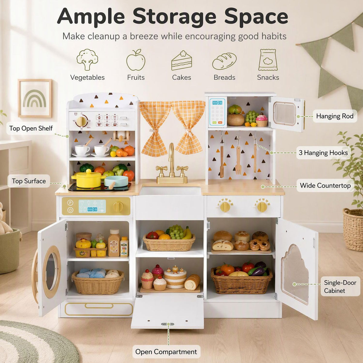 Play kitchen with cabinet doors and center compartment open, revealing baskets, toy food and storage shelves.