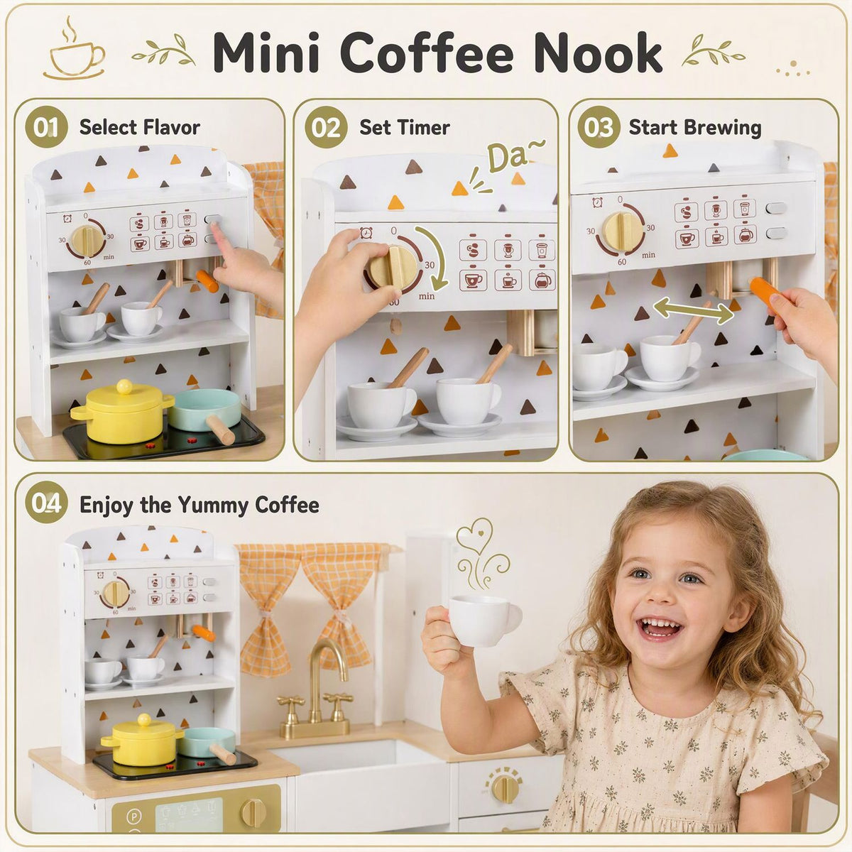 Three close-up steps show hands using the coffee nook, with a child holding a toy cup in the lower panel.