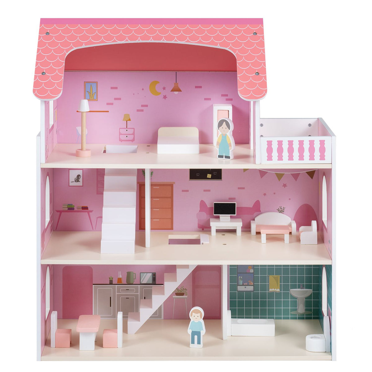 Front-facing pink dollhouse with three furnished levels, two dolls, stairs and an open roofline.