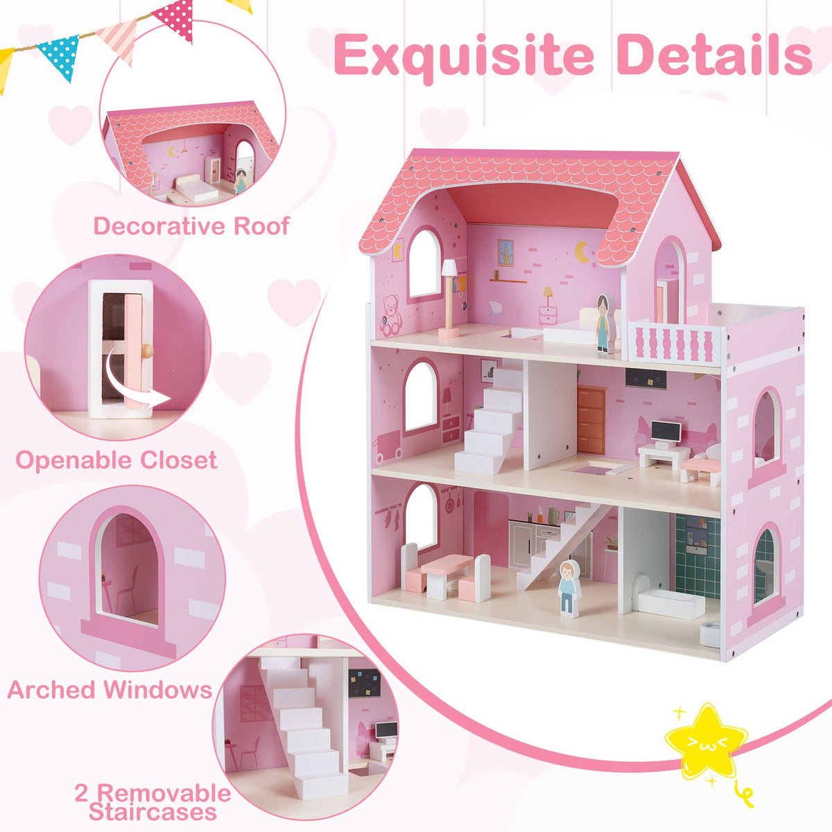 Pink dollhouse with inset views highlighting its roof, arched windows, closet and removable stairs.