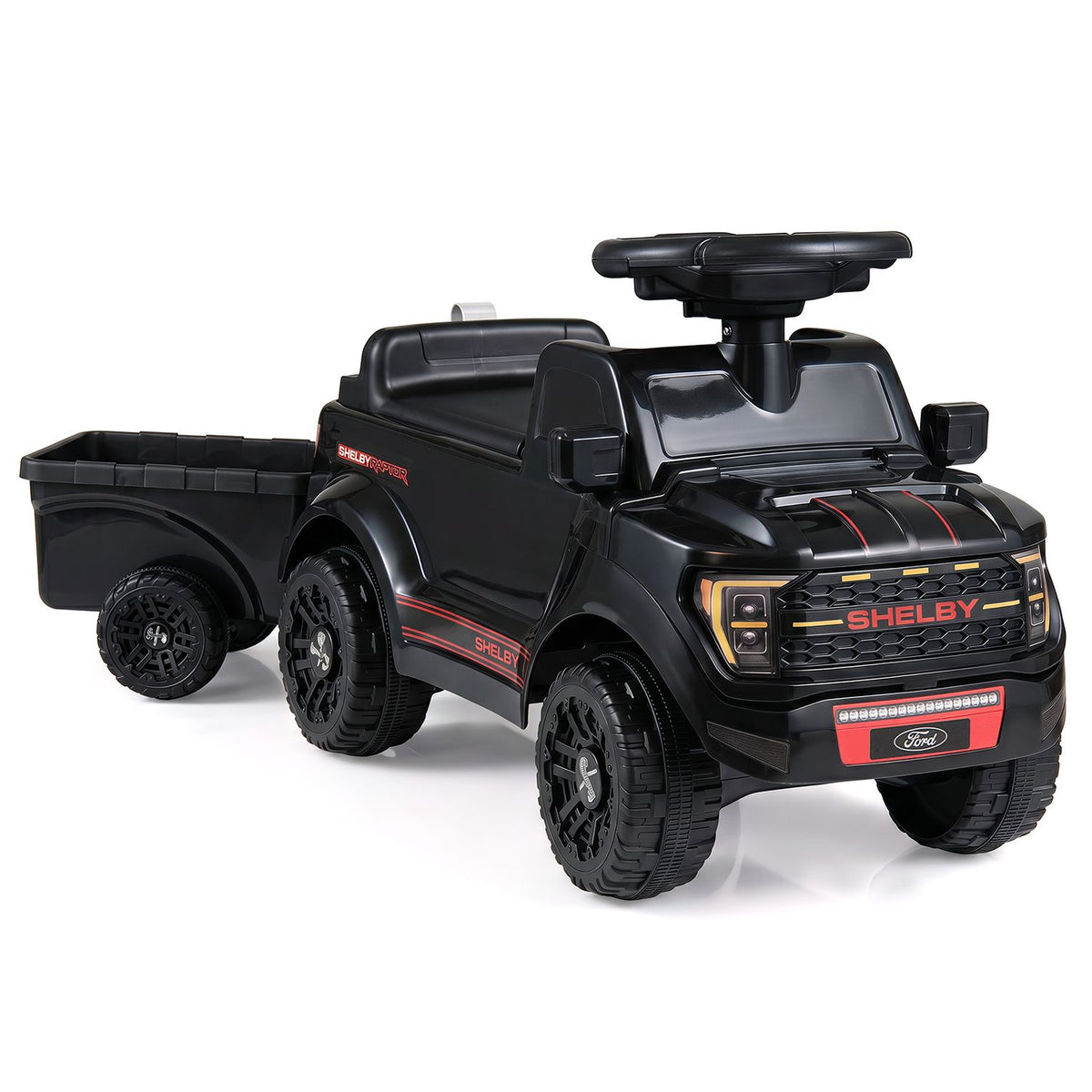 Black ride-on car with a steering wheel and attached open trailer, shown against a white background.
