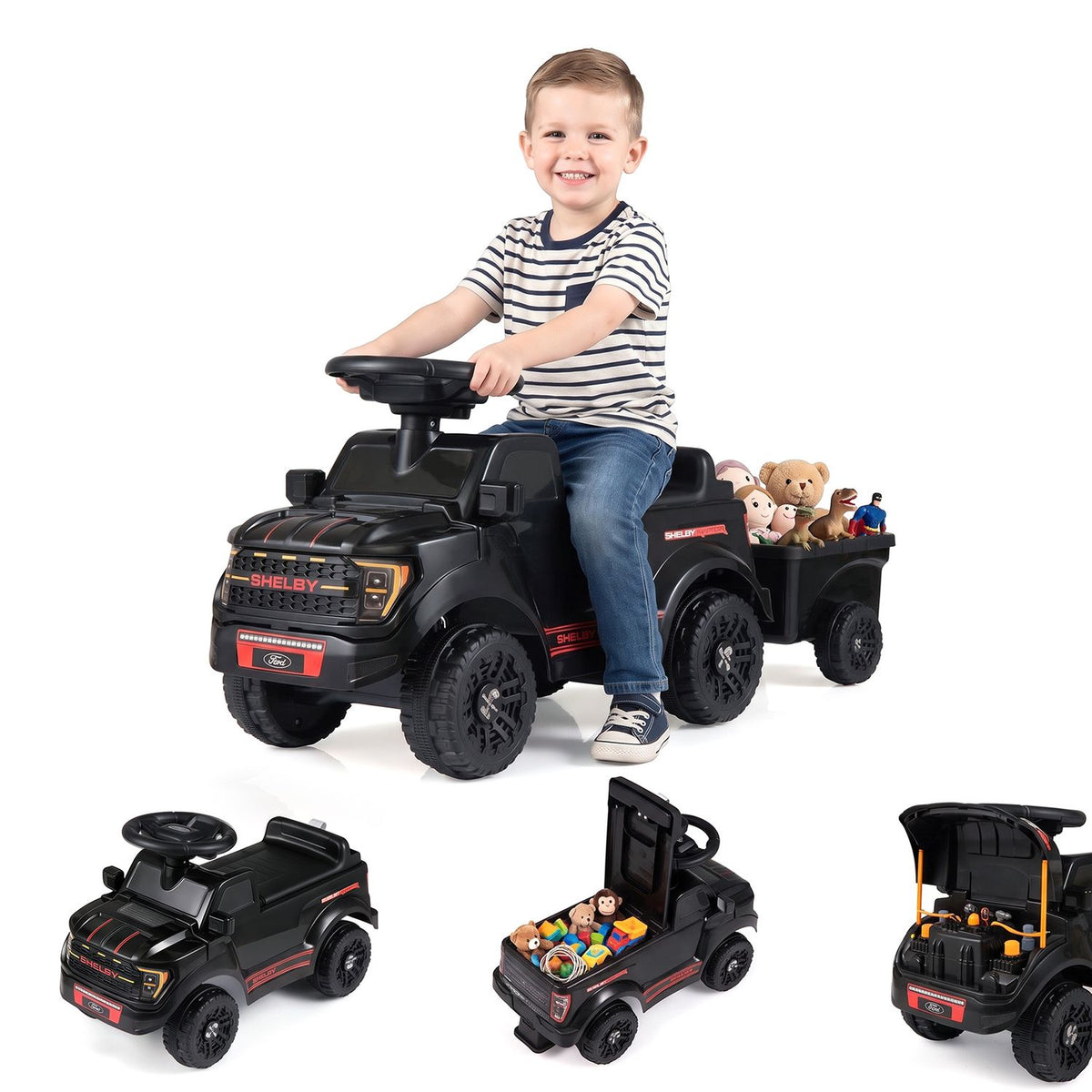 A child rides the car above three smaller views showing the car, loaded trailer, and open front compartment.