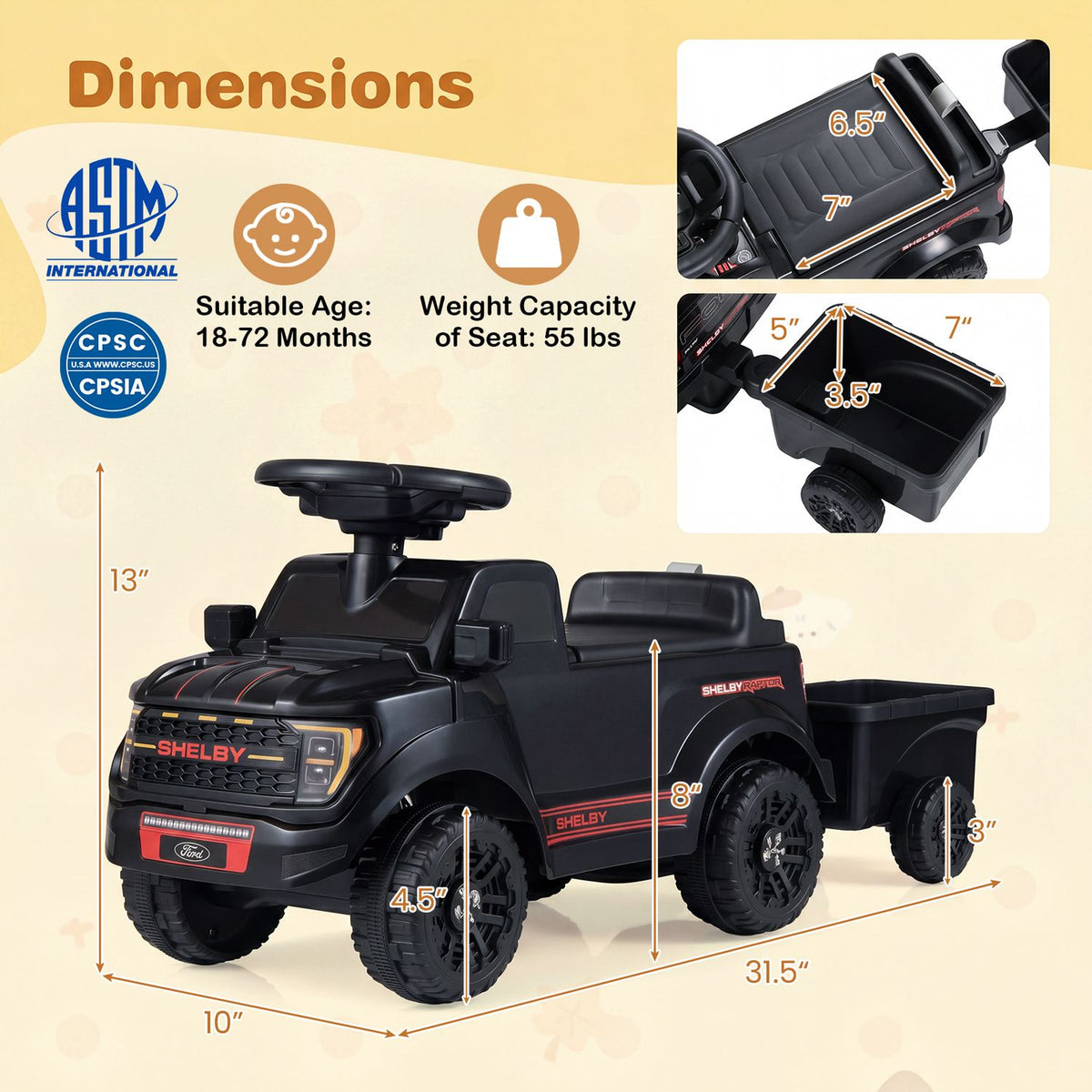 Ride-on car and trailer shown with dimension arrows and close-ups of the seat and trailer.