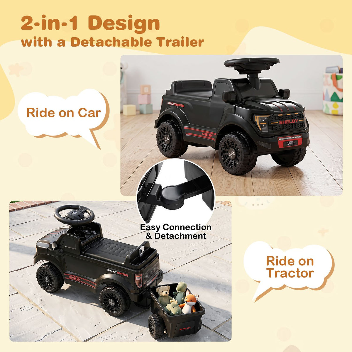 Black ride-on truck shown alone and towing a small trailer, with a close-up of the trailer connector.