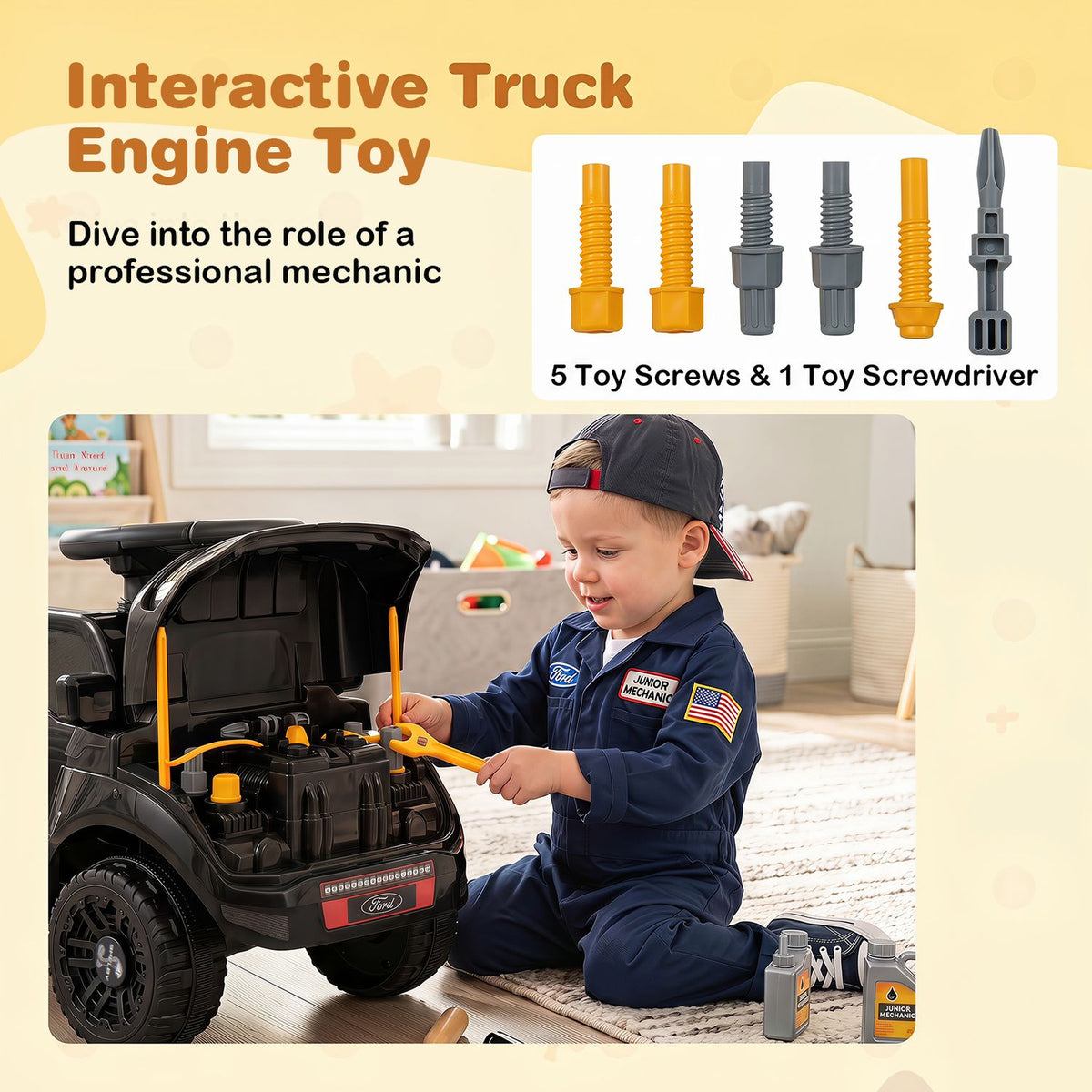 A child uses a toy screwdriver to work on the open engine area of the ride-on truck.
