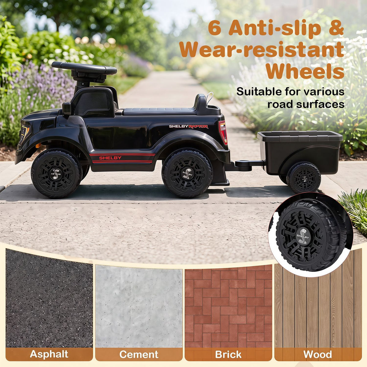 Black ride-on truck towing its trailer outdoors, with a close-up of a treaded wheel and surface samples below.