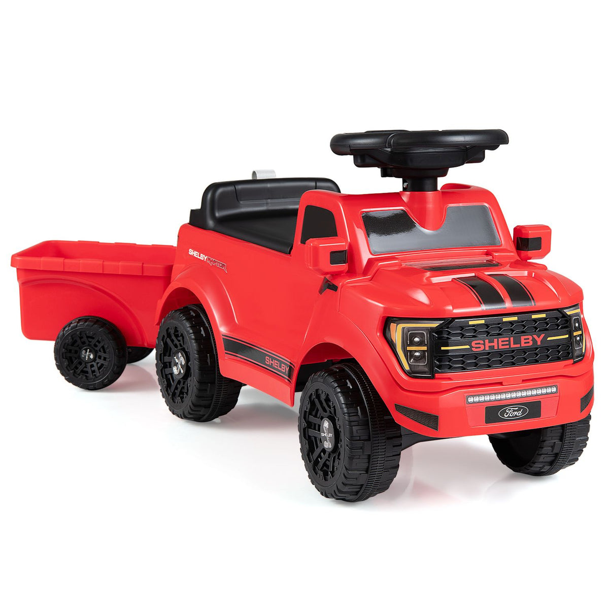 Red ride-on truck with a matching open trailer, shown from the front side against a white background.