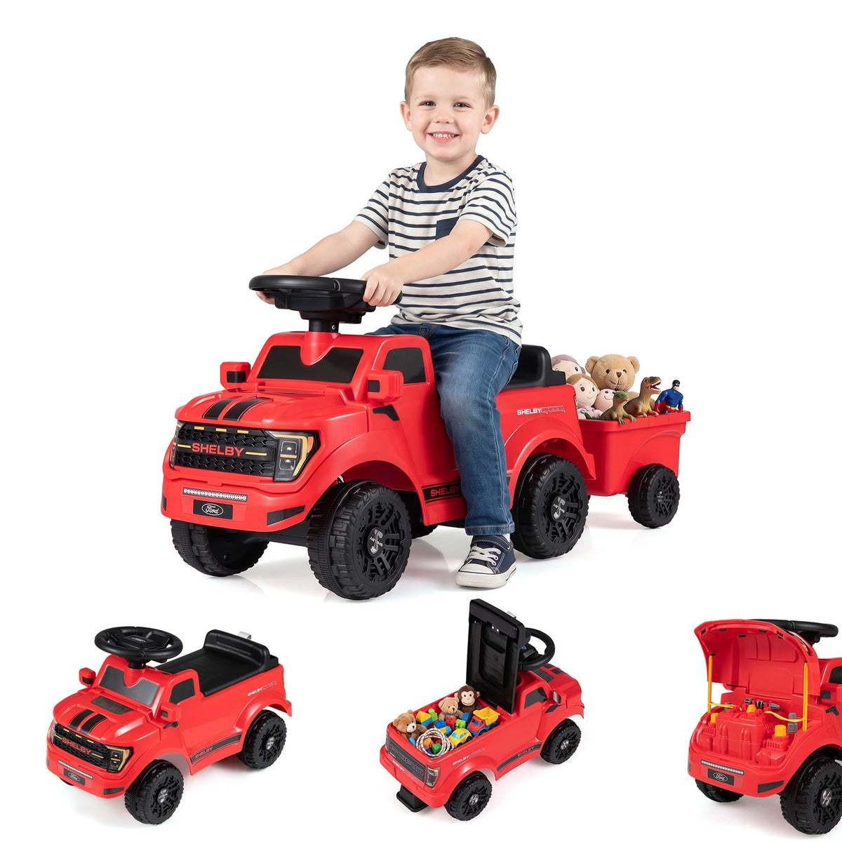 A child rides the truck above smaller views showing it with the trailer, loaded with toys, and with the hood open.
