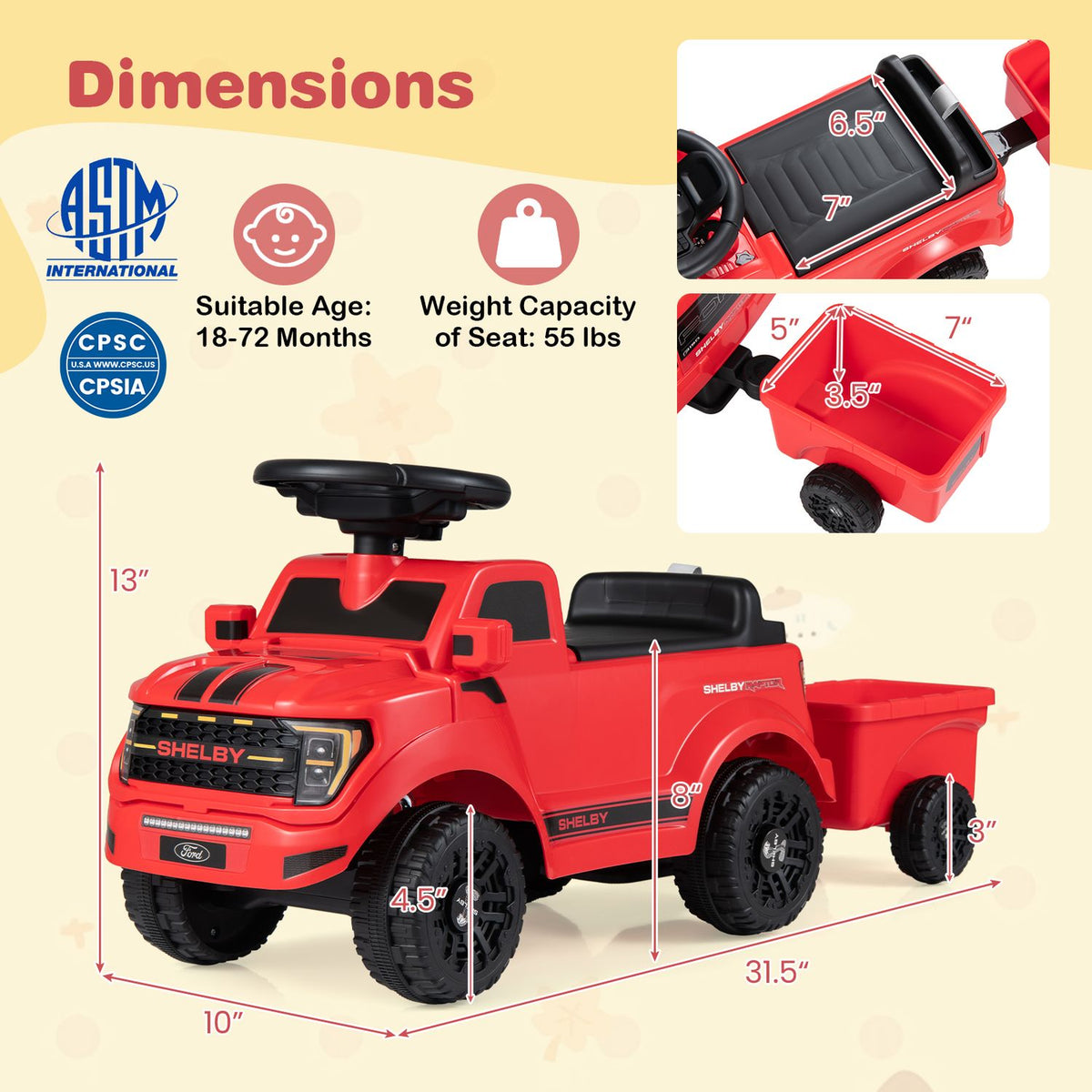 Illustrated dimension graphic showing the ride-on truck and trailer, with close-ups of the seat and trailer.