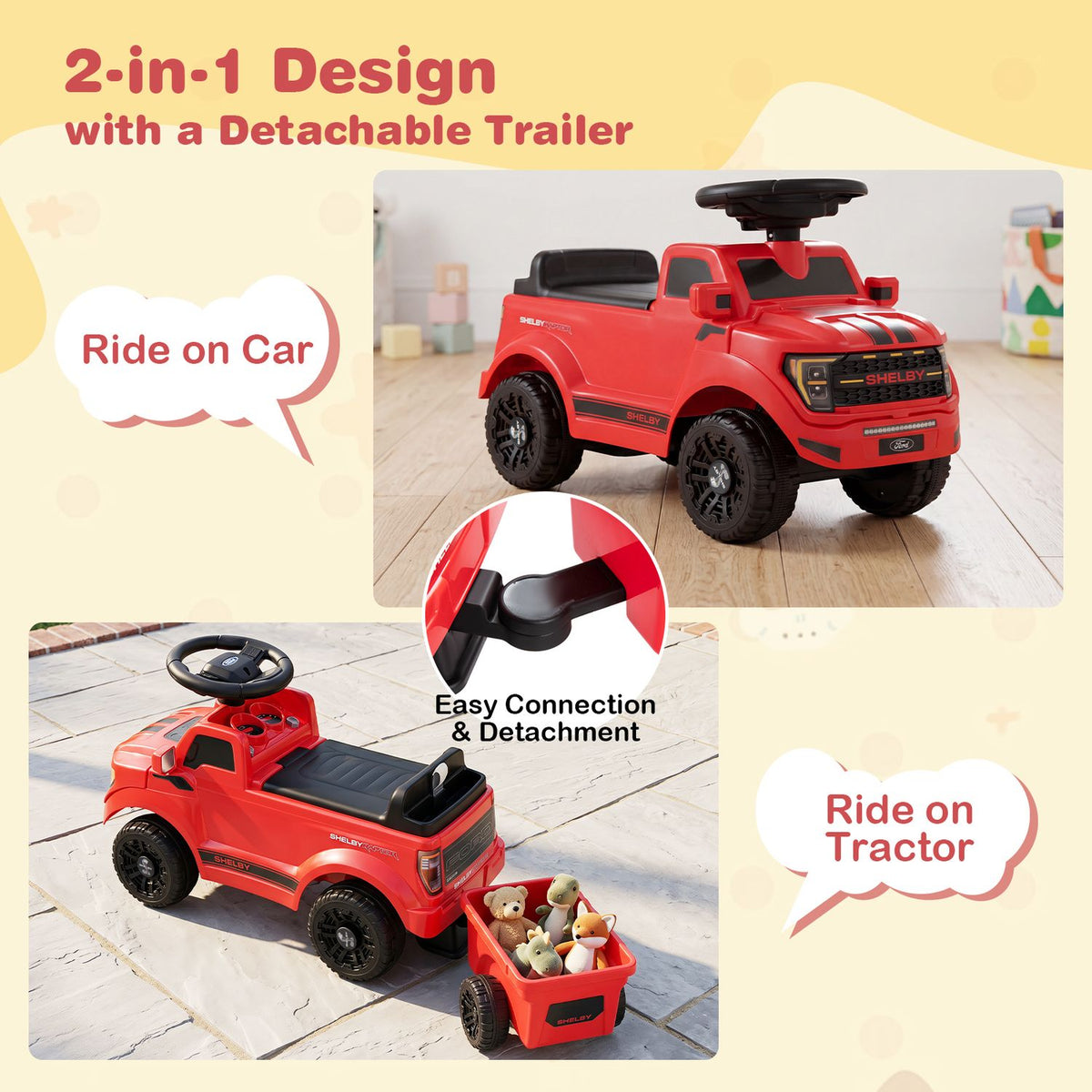 Red ride-on car shown with its detachable trailer and a close-up of the trailer connection.