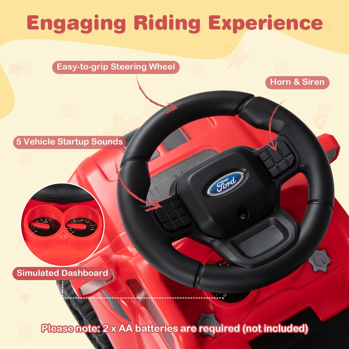 Close-up of the black steering wheel and dashboard on the red ride-on car.