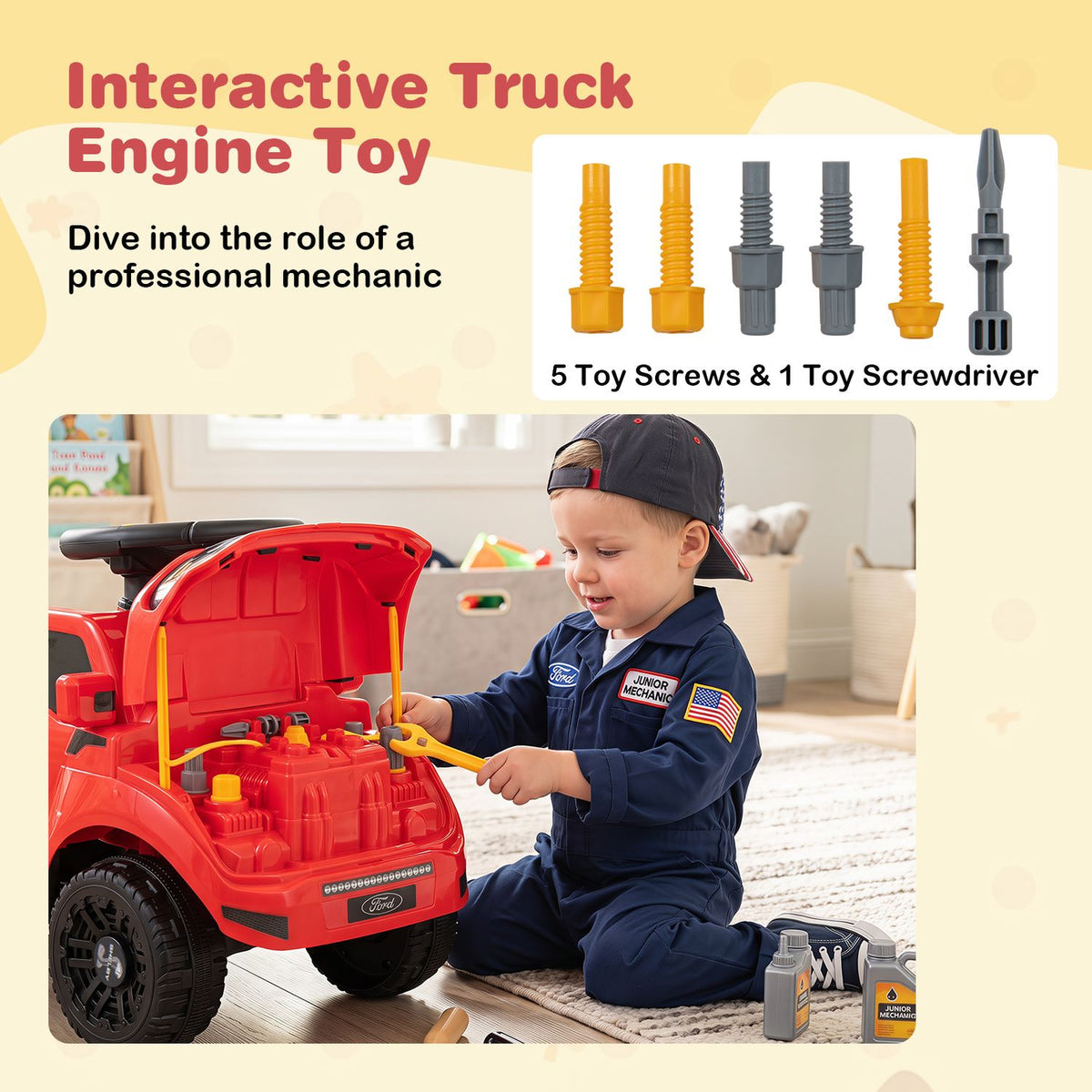 A child uses a toy screwdriver beside the red ride-on car with its hood open.