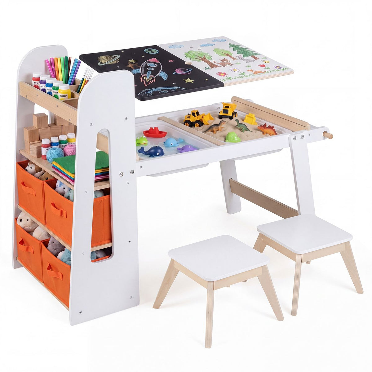 White art table set with two stools, orange bins, art supplies, toys, and illustrated tabletop sheets.