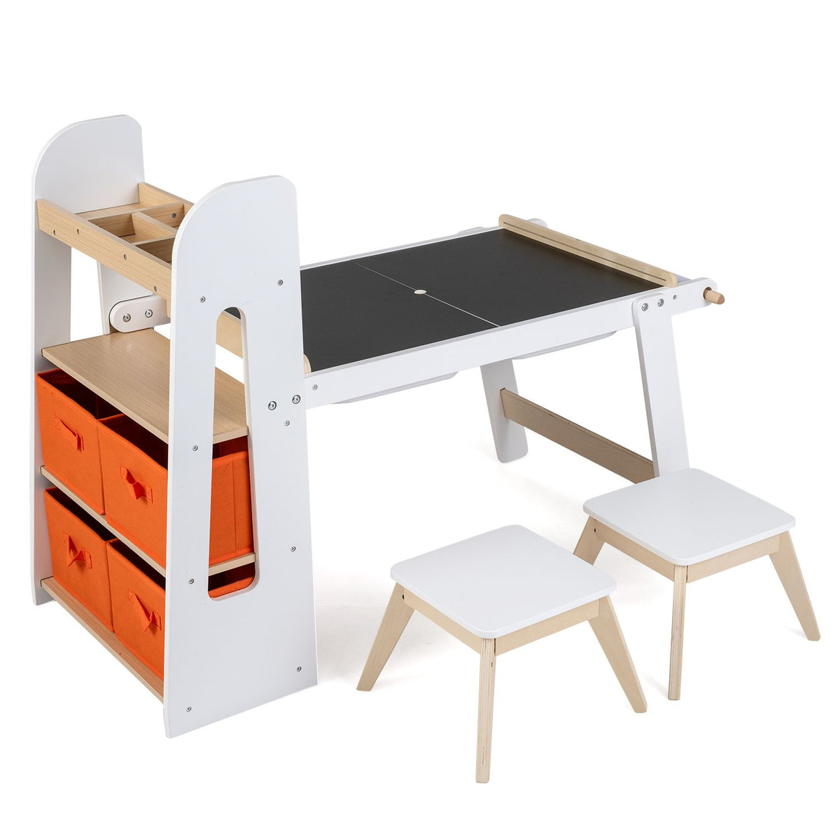 White art table set with two stools, orange storage bins, and a dark tabletop panel.