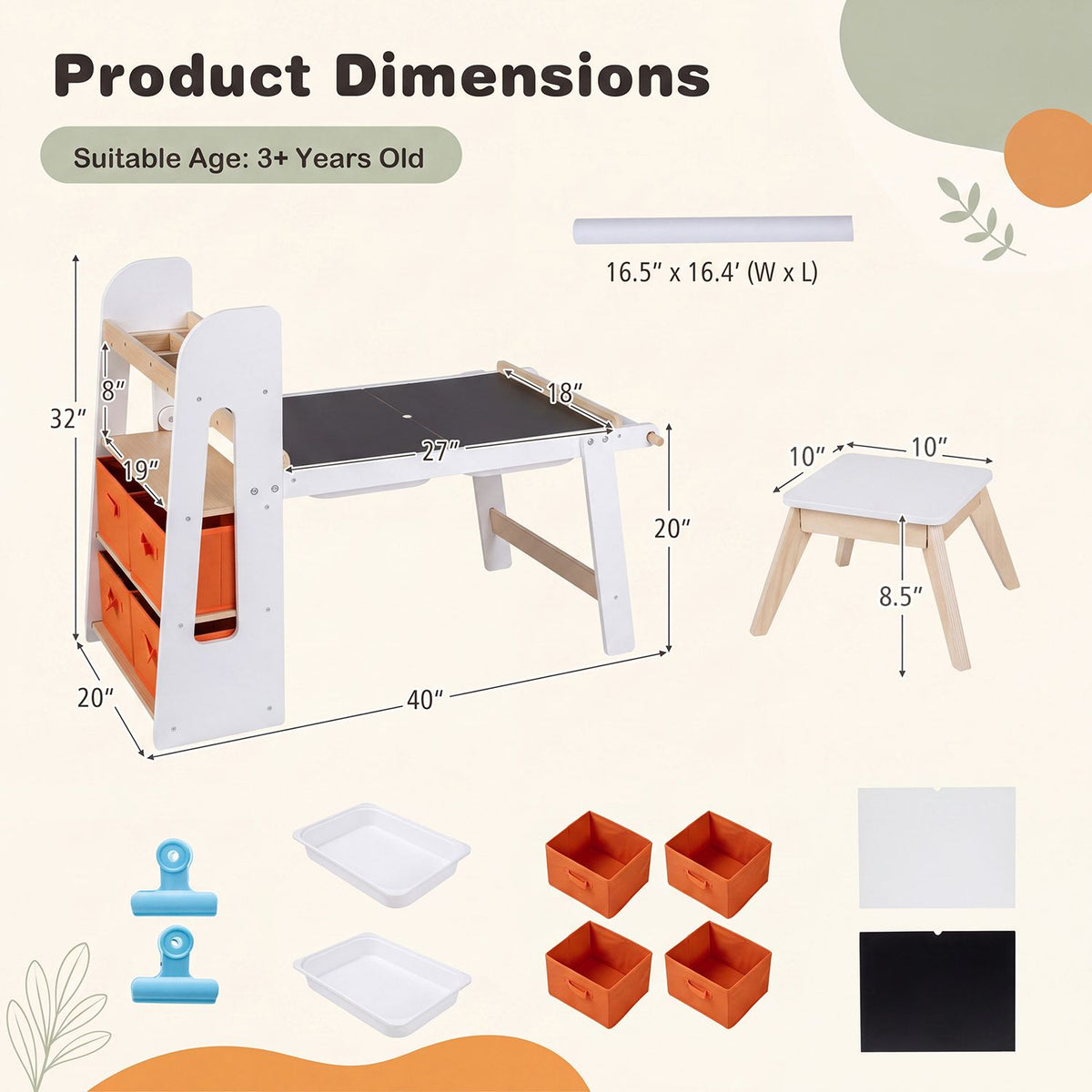 Sensory art table and stool shown with measurement callouts and illustrations of included accessories.