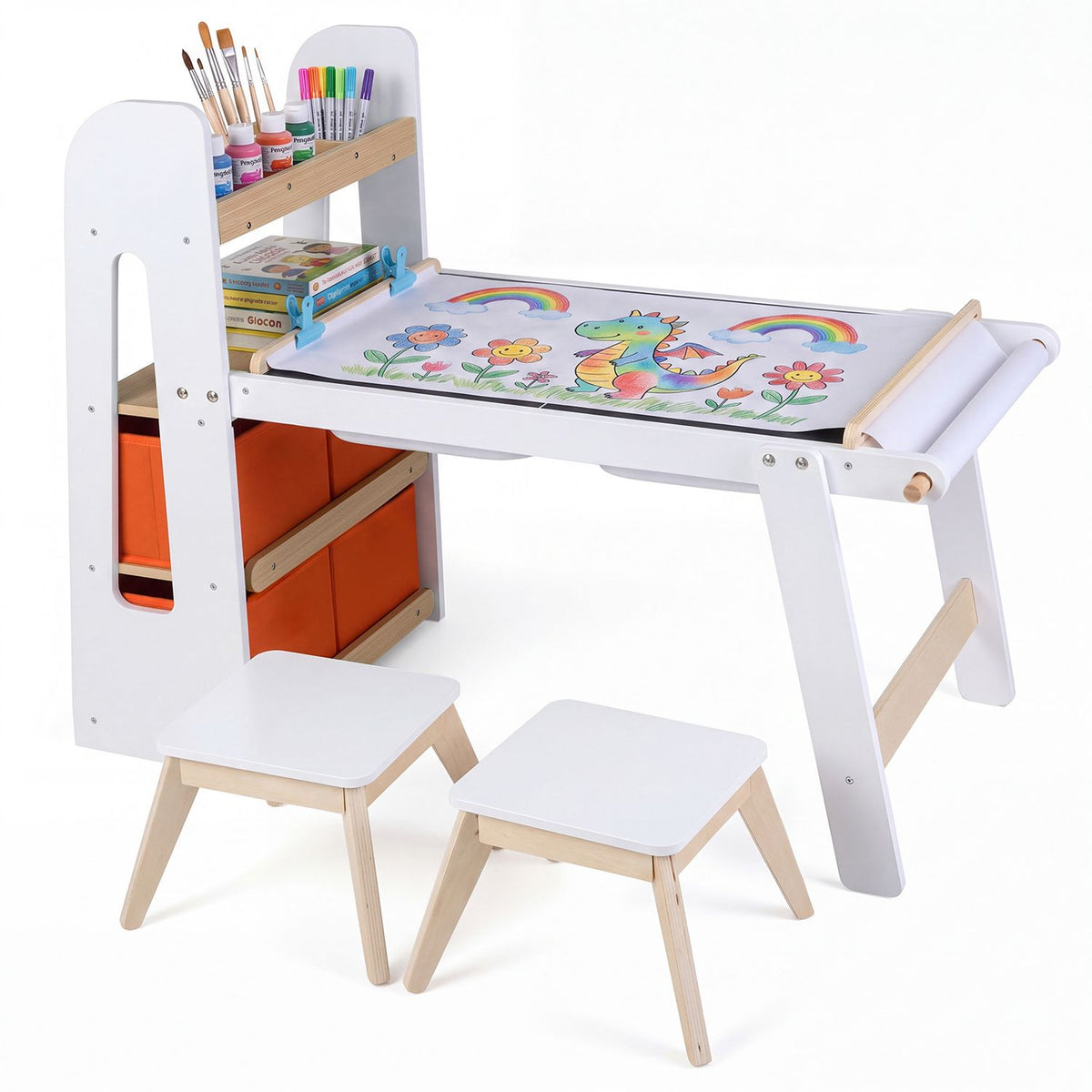 White art table with a colorful paper roll, orange storage bins, art supplies, and two matching stools.