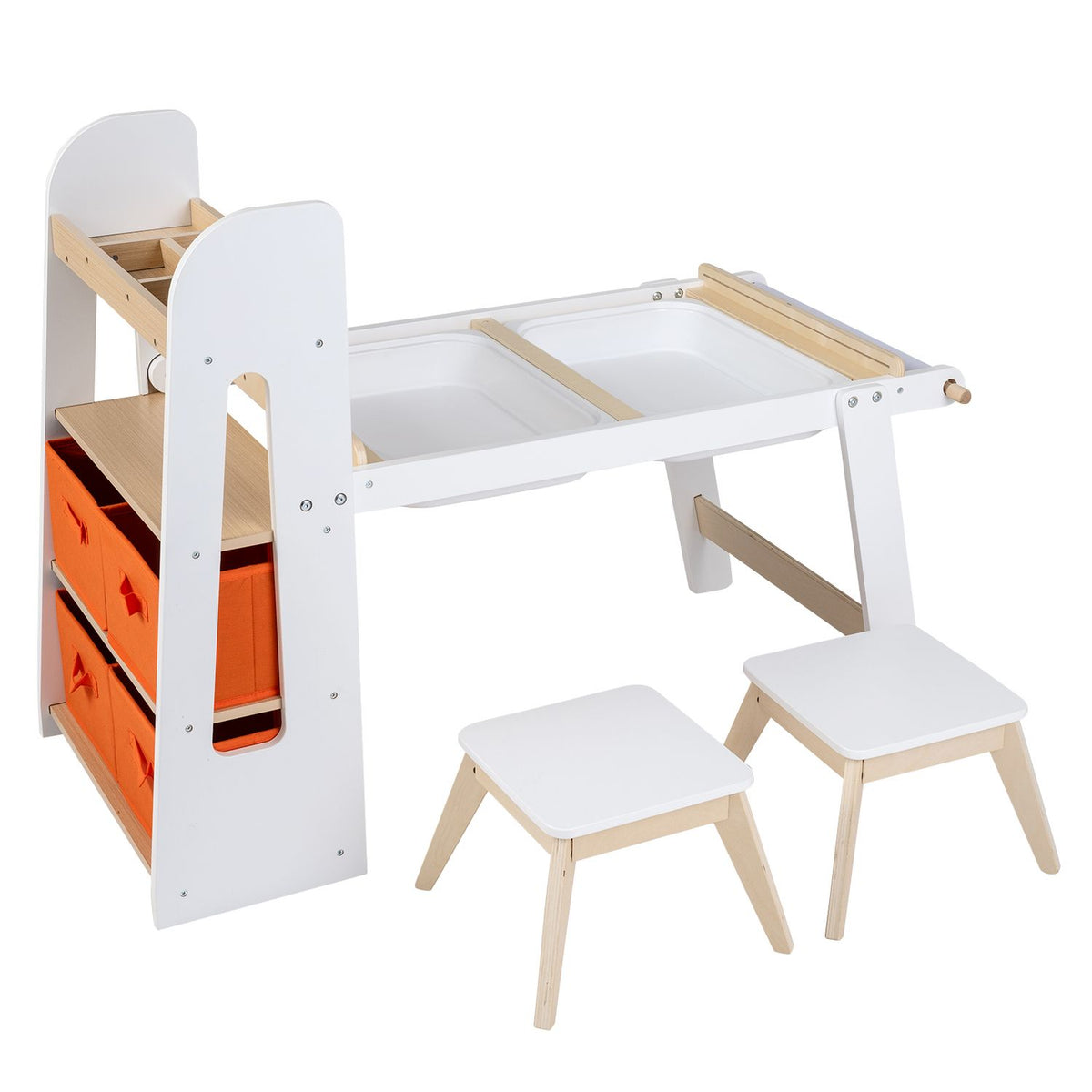 Art table with two white trays fitted into the tabletop, orange storage bins, and two matching stools.