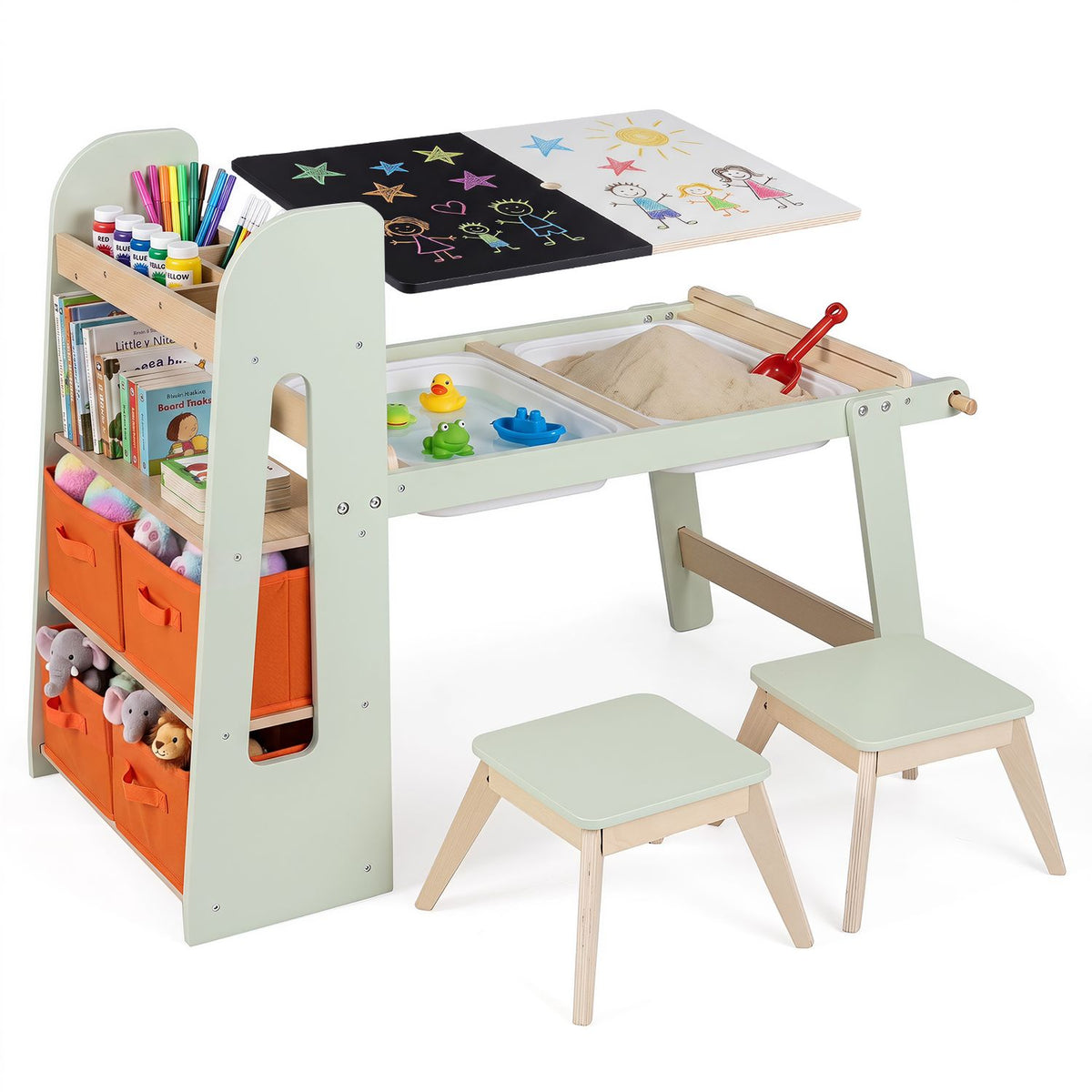 Pale green art table with two stools, orange bins, art supplies, and a raised board showing colorful drawings.
