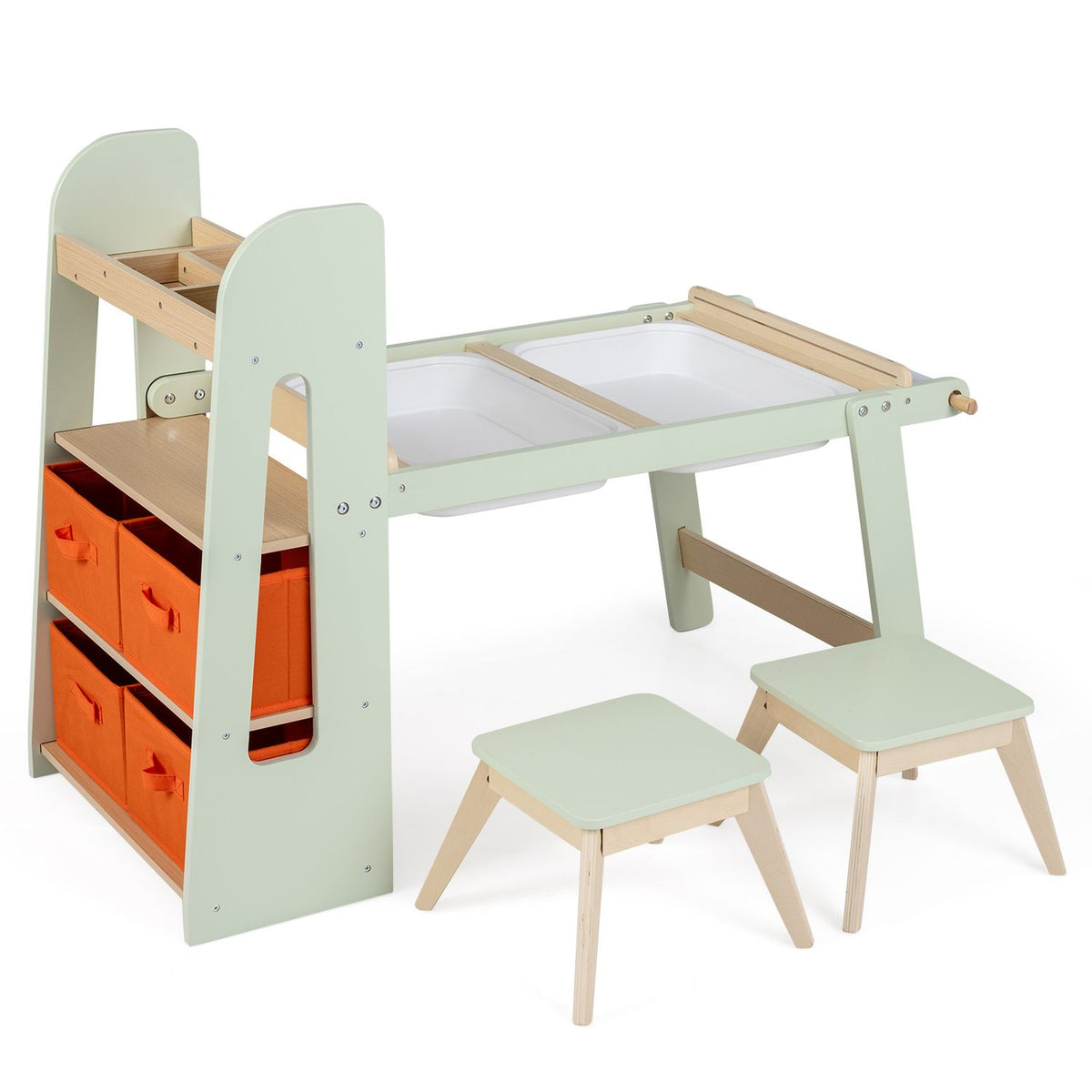 Pale green art table and two stools shown with open white tabletop trays and orange storage bins.