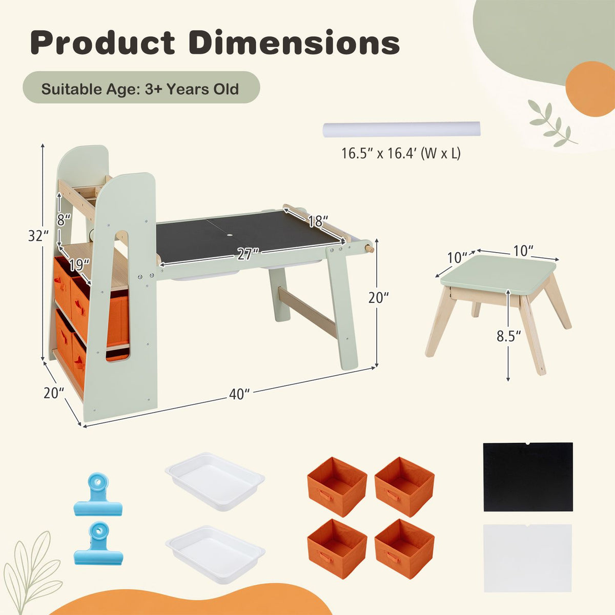 Illustrated art table set with stools, paper roll, storage bins and accessories, shown with measurement arrows.
