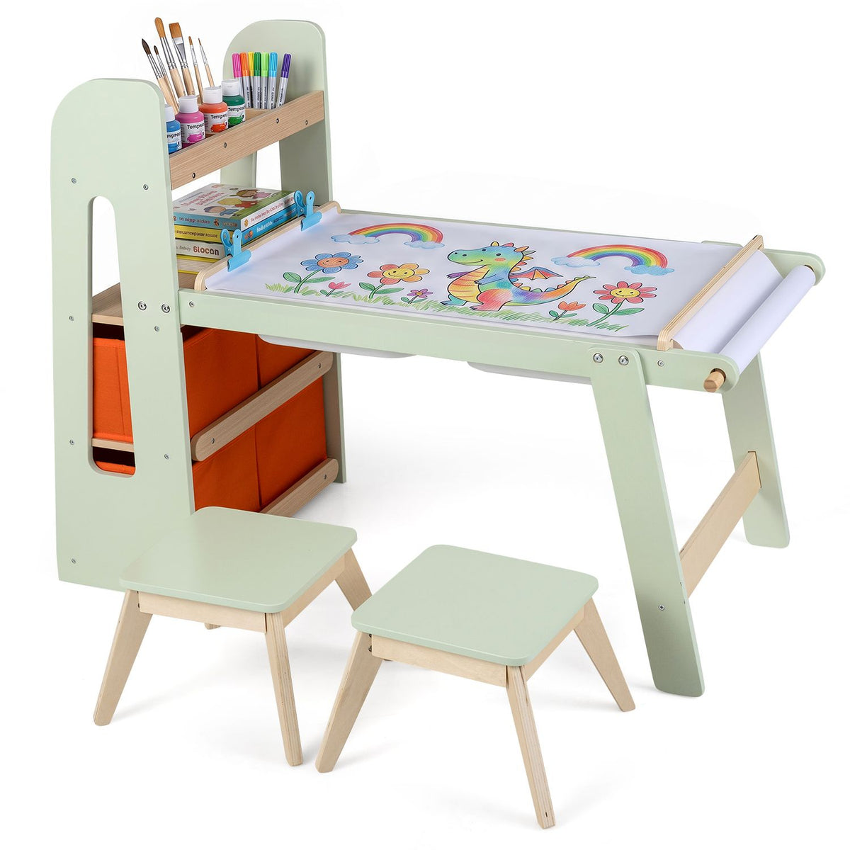 Pale green art table with two matching stools, a paper roll, colorful drawings, paints and brushes.