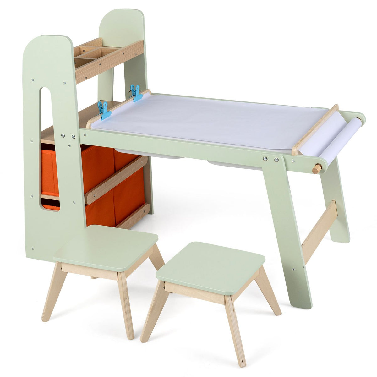 Pale green art table and two stools with a blank paper roll clipped across the tabletop.