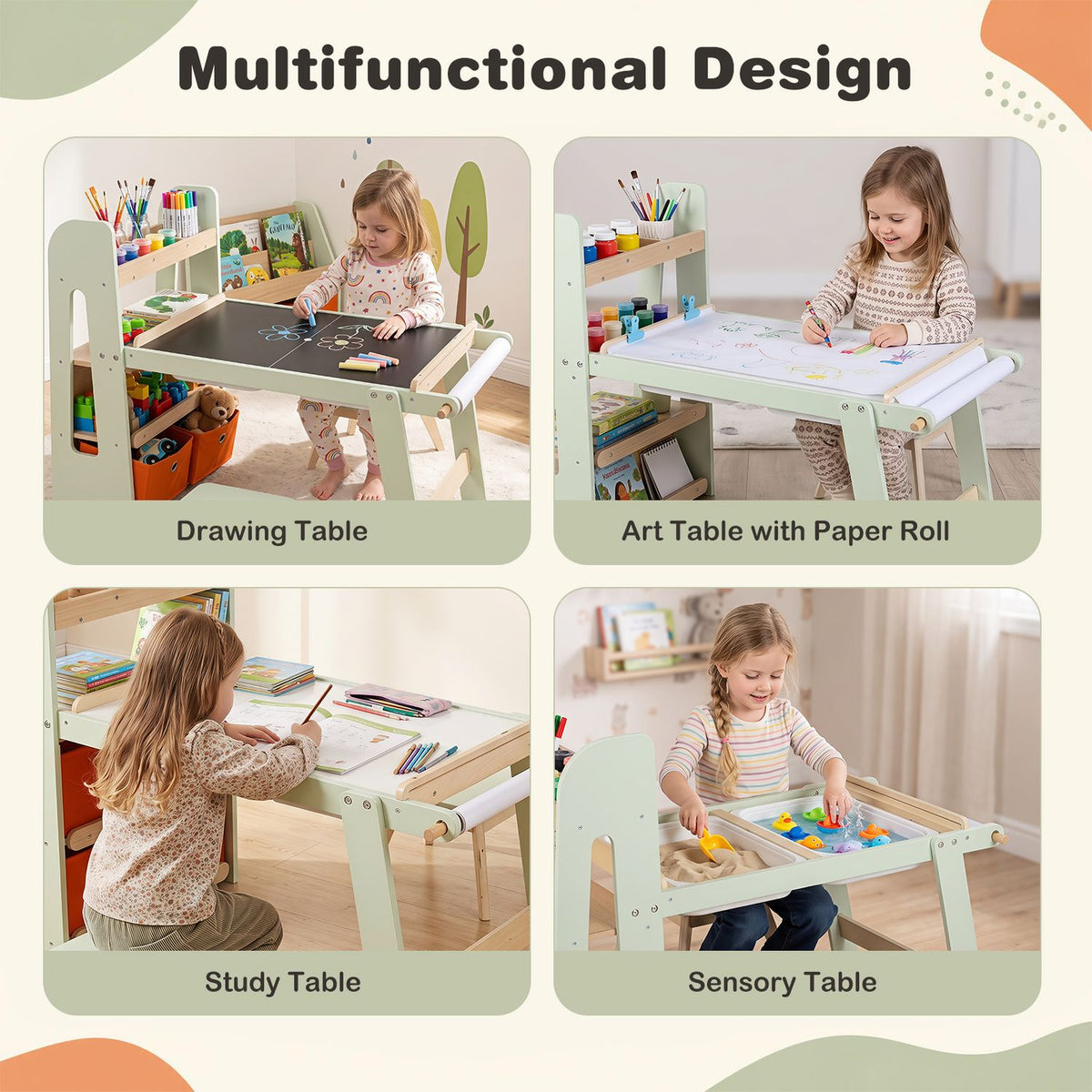 Four scenes show a child using the table for drawing, painting, studying and sensory play.