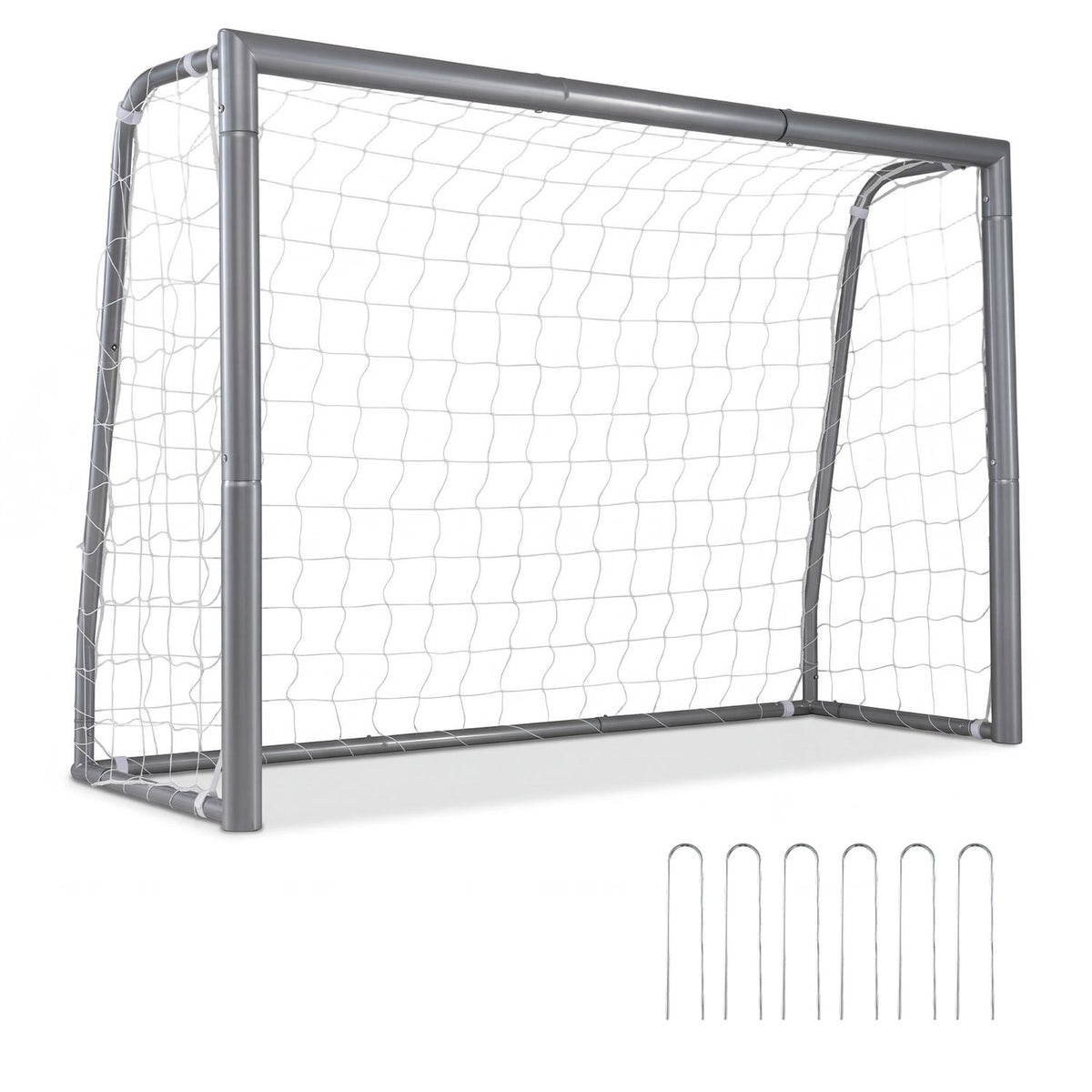Netted metal soccer goal shown against white with several ground stakes below it.