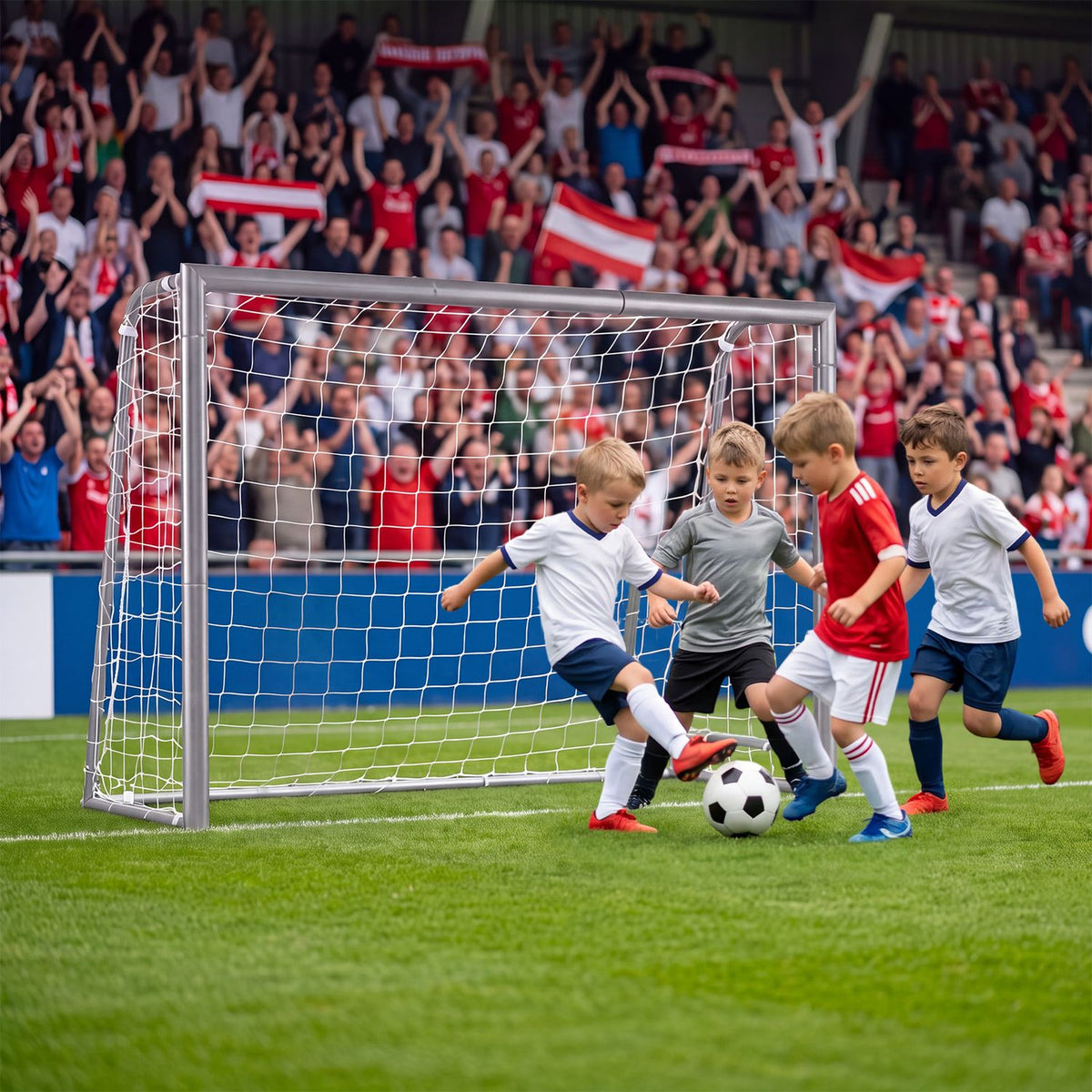 Children play soccer in front of a netted goal as a crowd watches from the stands.
