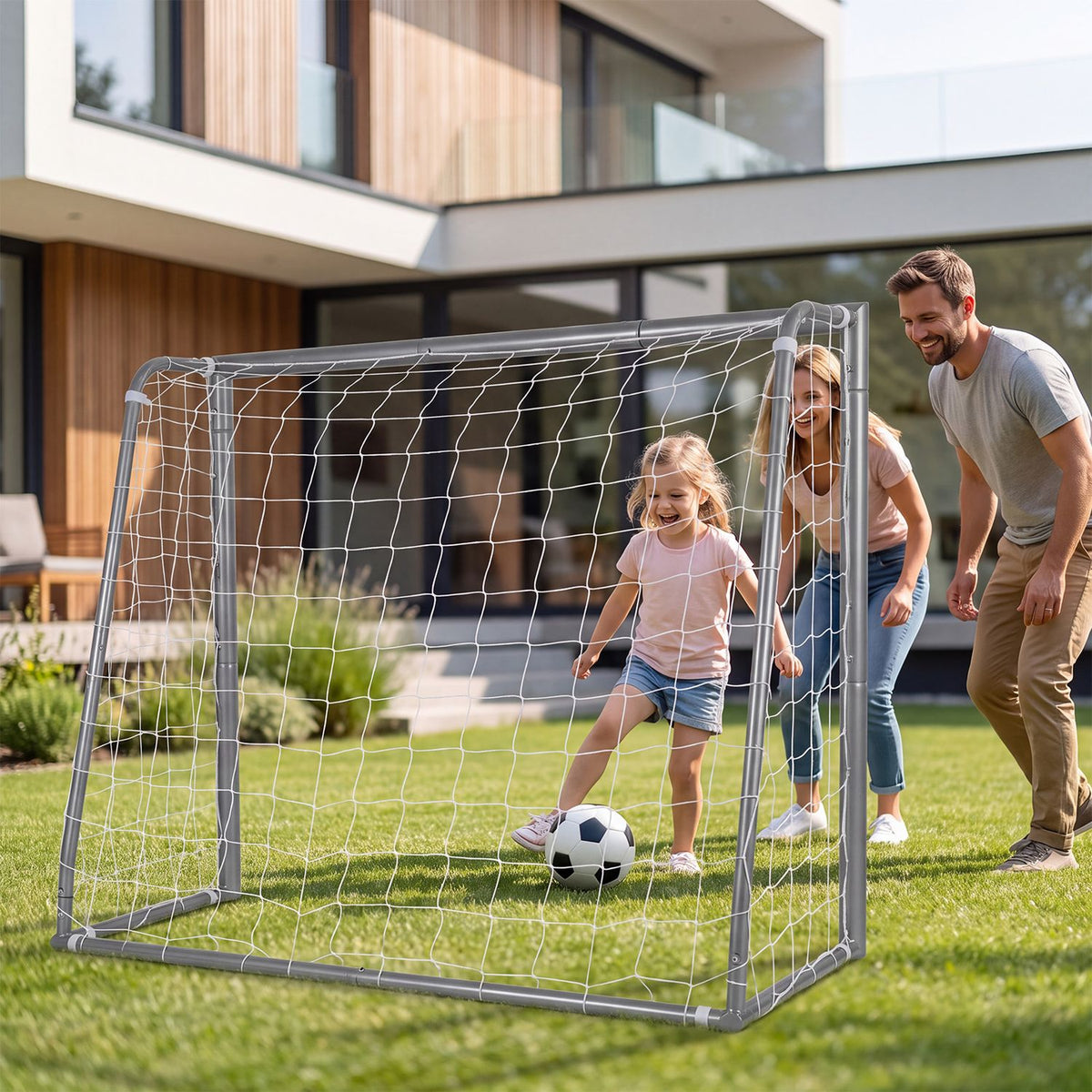 A girl kicks a soccer ball through a goal while adults watch in a backyard.