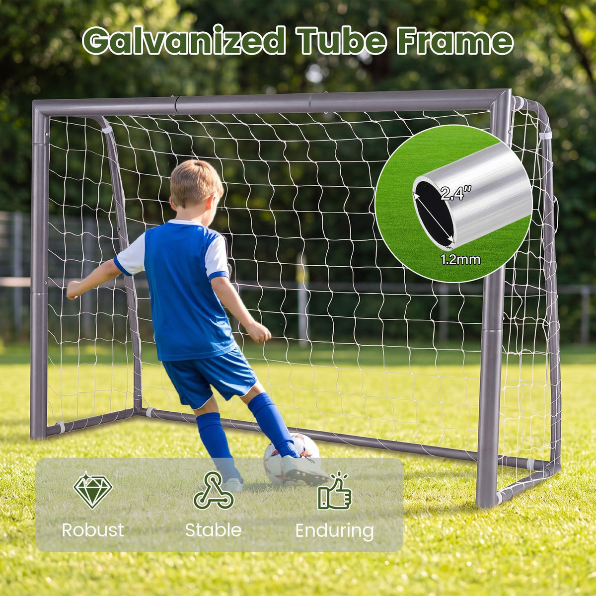A child stands in front of the goal, with an inset showing a close-up of the metal frame tube.