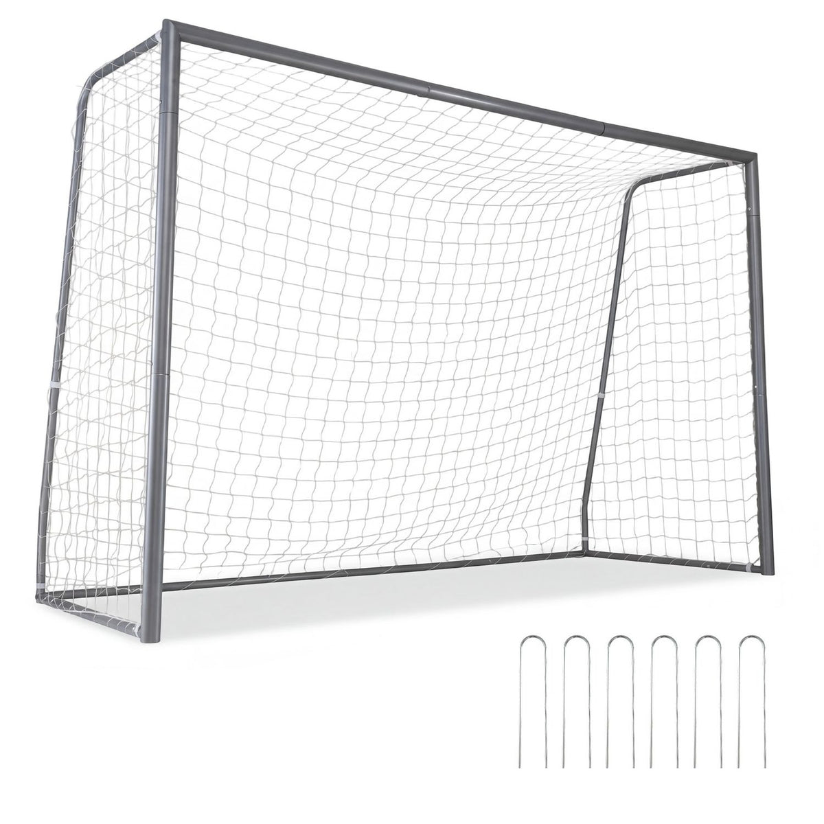 Soccer goal and net shown against a white background, with several ground stakes below.