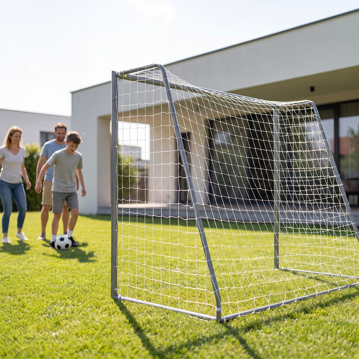 Angled view of the soccer goal and net on a lawn, with a family and ball nearby.