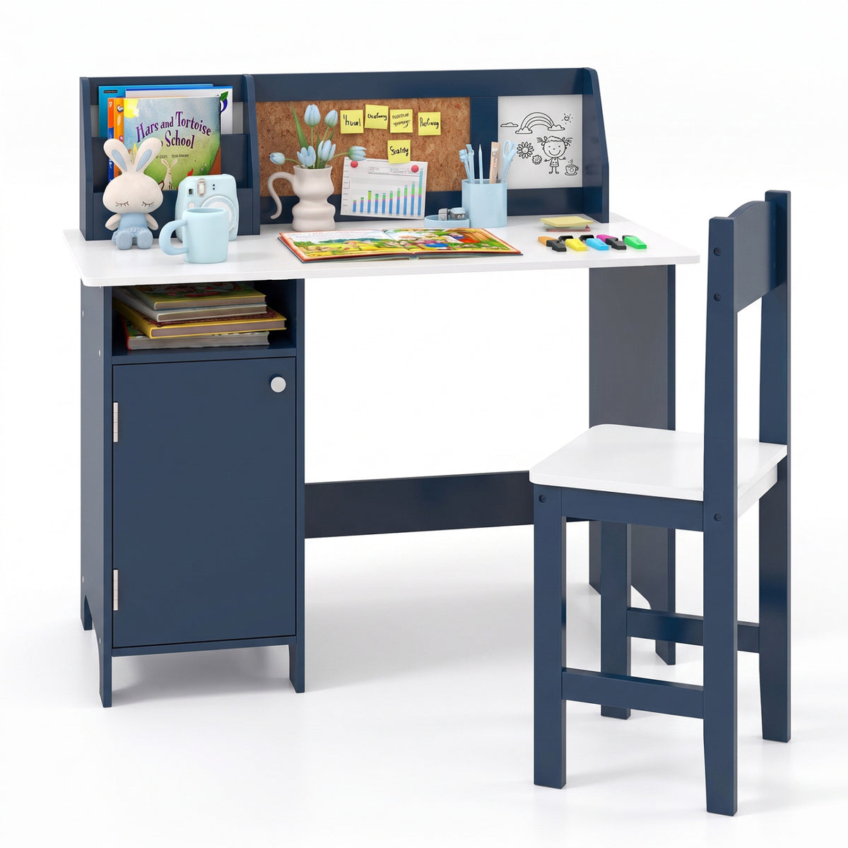 Navy desk and matching chair on a white background, with books and supplies arranged on the desktop.