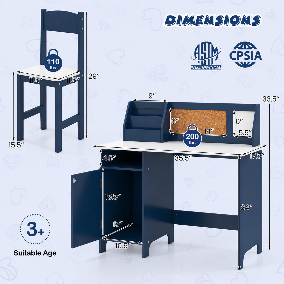 Blue children’s desk with an attached bookshelf and cabinet shown beside a matching chair.