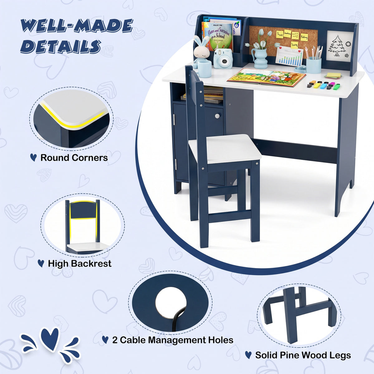Desk and chair shown with close-ups of rounded tabletop corners, the chair back, cable holes, and legs.